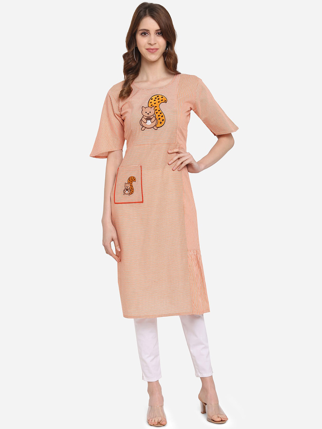 

Youthnic Women Peach-Coloured Quirky Embroidered Flared Sleeves Thread Work Kurta