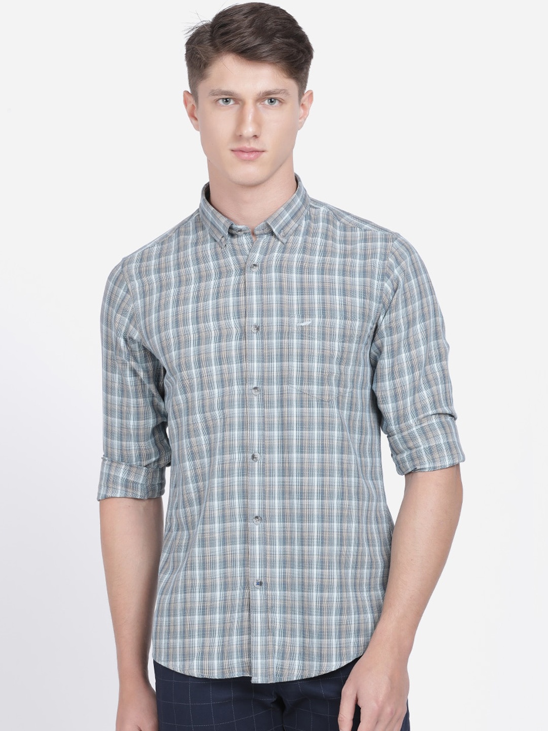 

Crocodile Men Grey & Blue Slim Fit Checked Casual Shirt