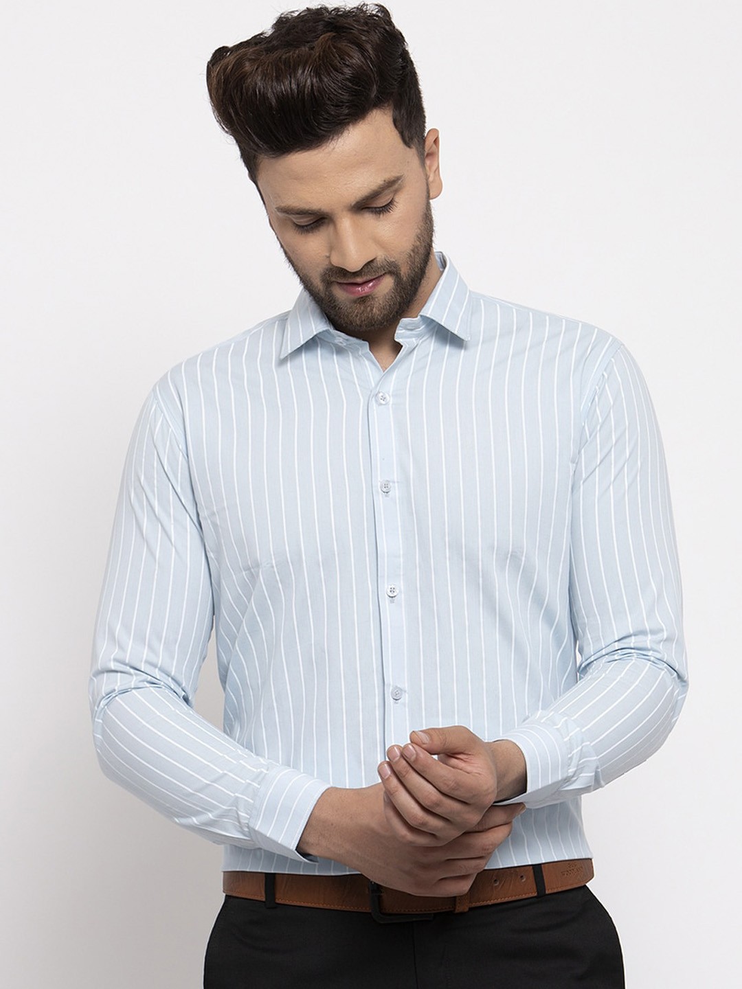 

JAINISH Men Turquoise Blue Regular Fit Striped Cotton Formal Shirt