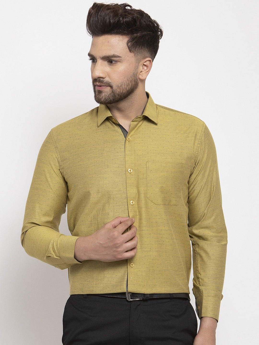 

JAINISH Men Olive Green Regular Fit Self Design Formal Shirt