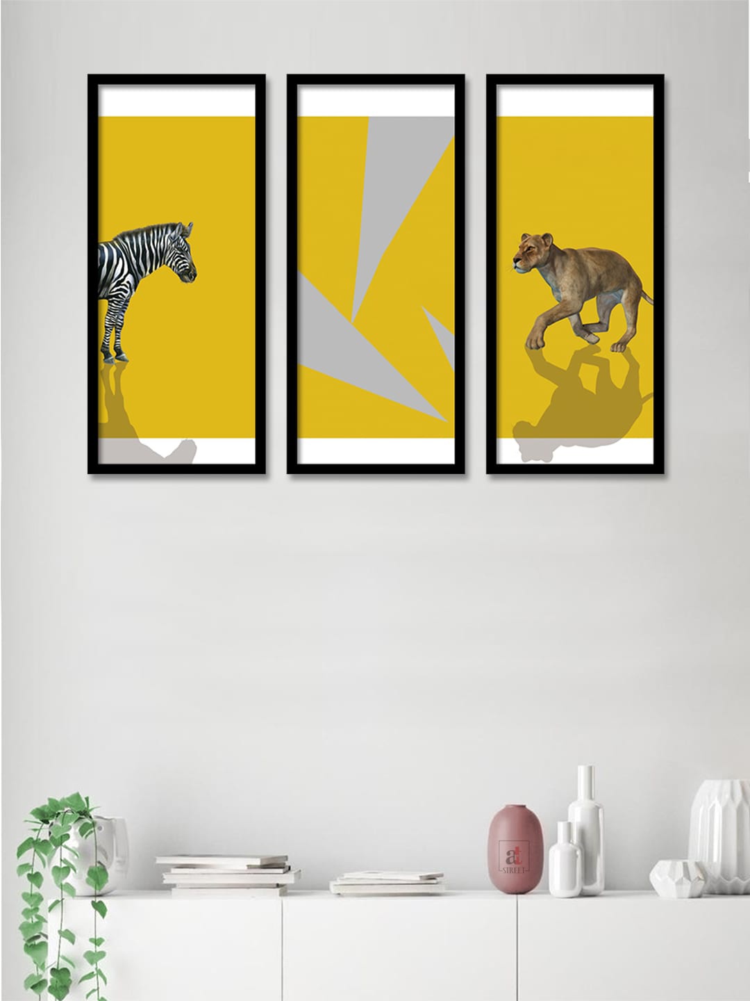 

Art Street Set Of 3 Yellow & Grey Animal Theme Framed Paintings