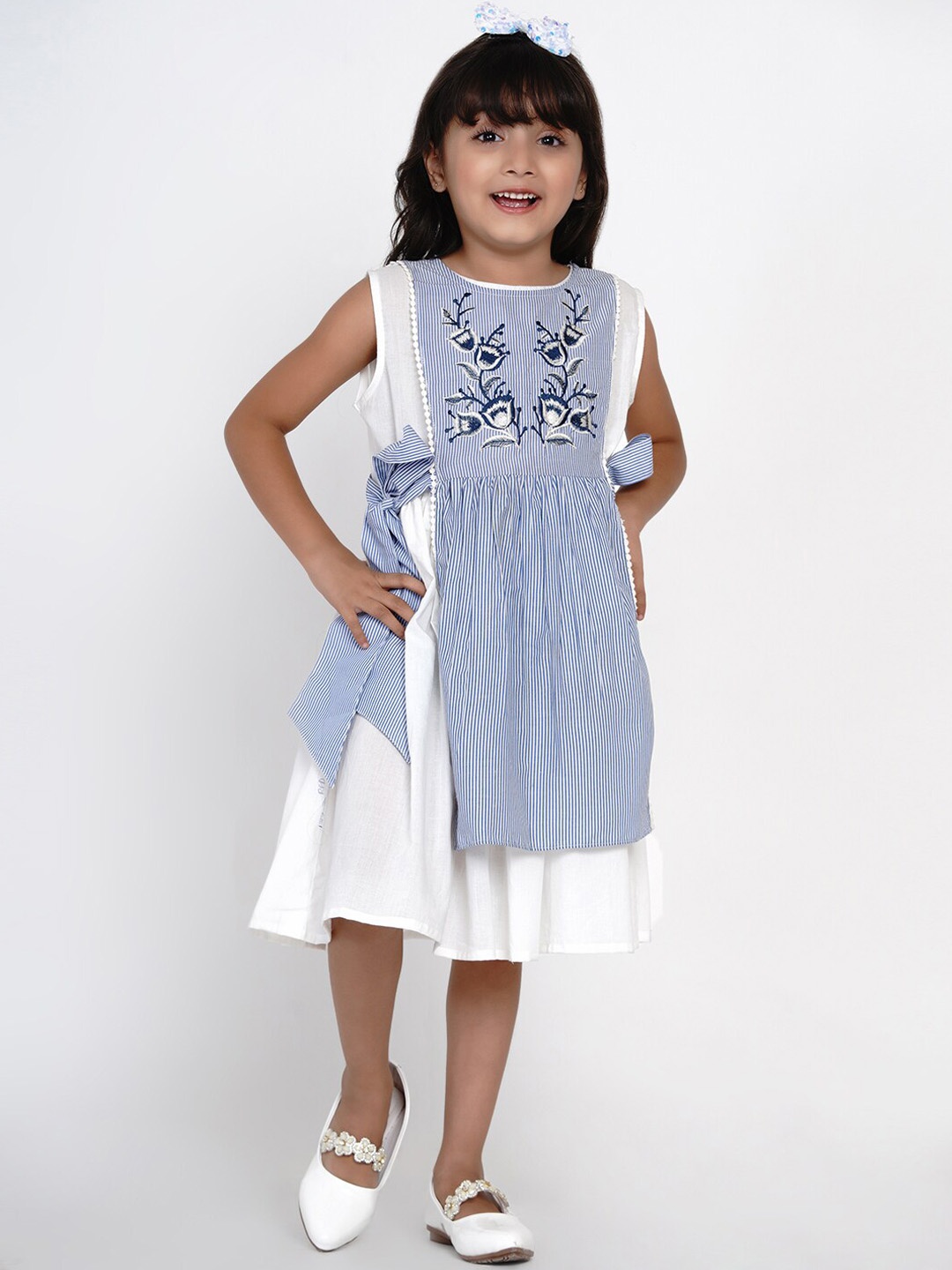 

Bitiya by Bhama Girls Blue & White Striped Fit and Flare Layered Dress