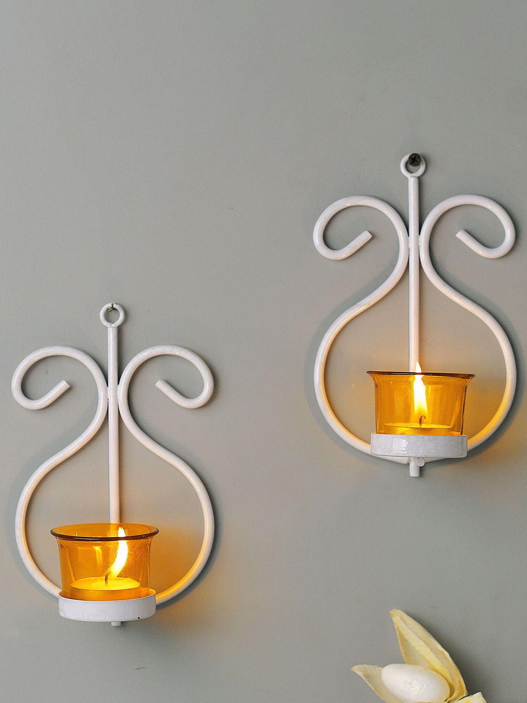 

Homesake Set Of 2 White & Yellow Wall Candle Holders With Glass Cups