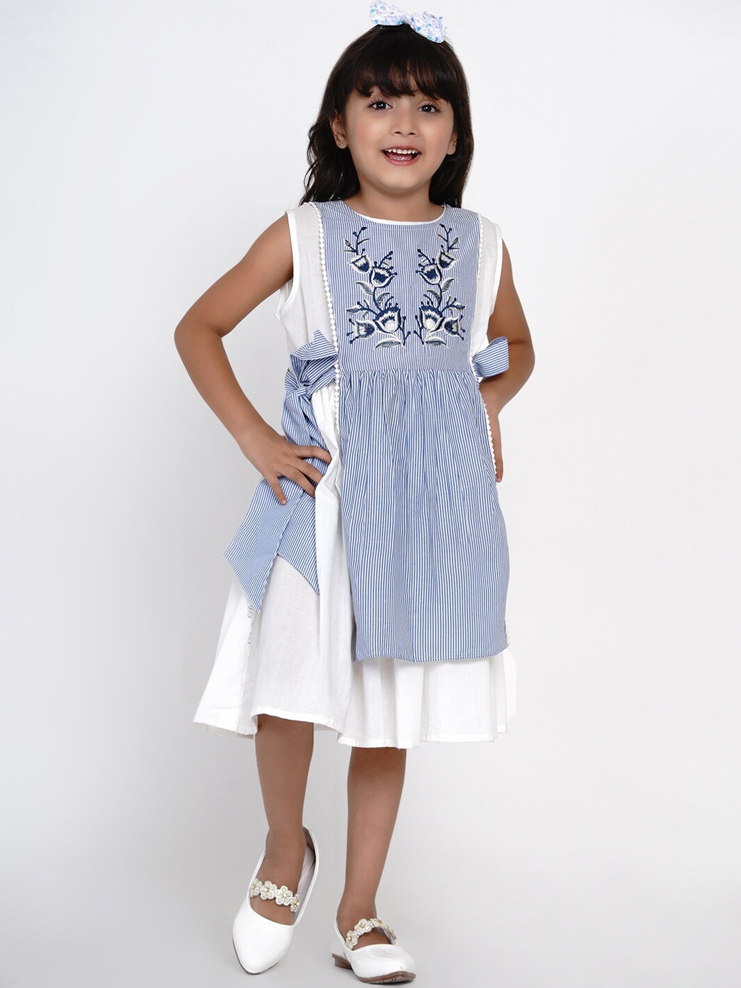 

Bitiya by Bhama Girls Blue & White Striped Fit and Flare Dress
