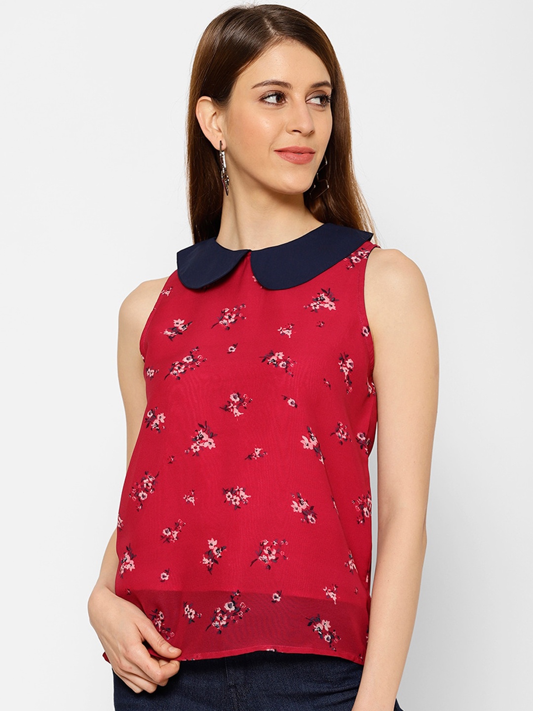 

KASSUALLY Red Floral Printed Peter Pan Collar Georgette Top