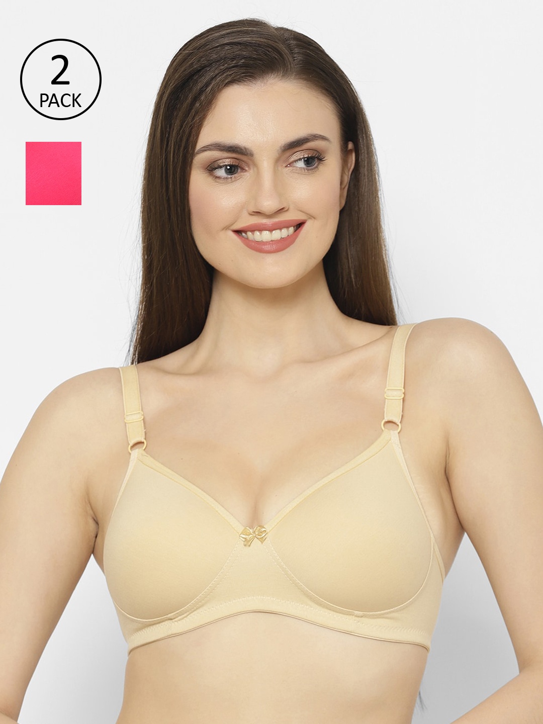 

Floret 2 Pack Beige & Coral Solid Non-Wired Lightly Padded Push-Up Bra T3052_Skin-Magenta-