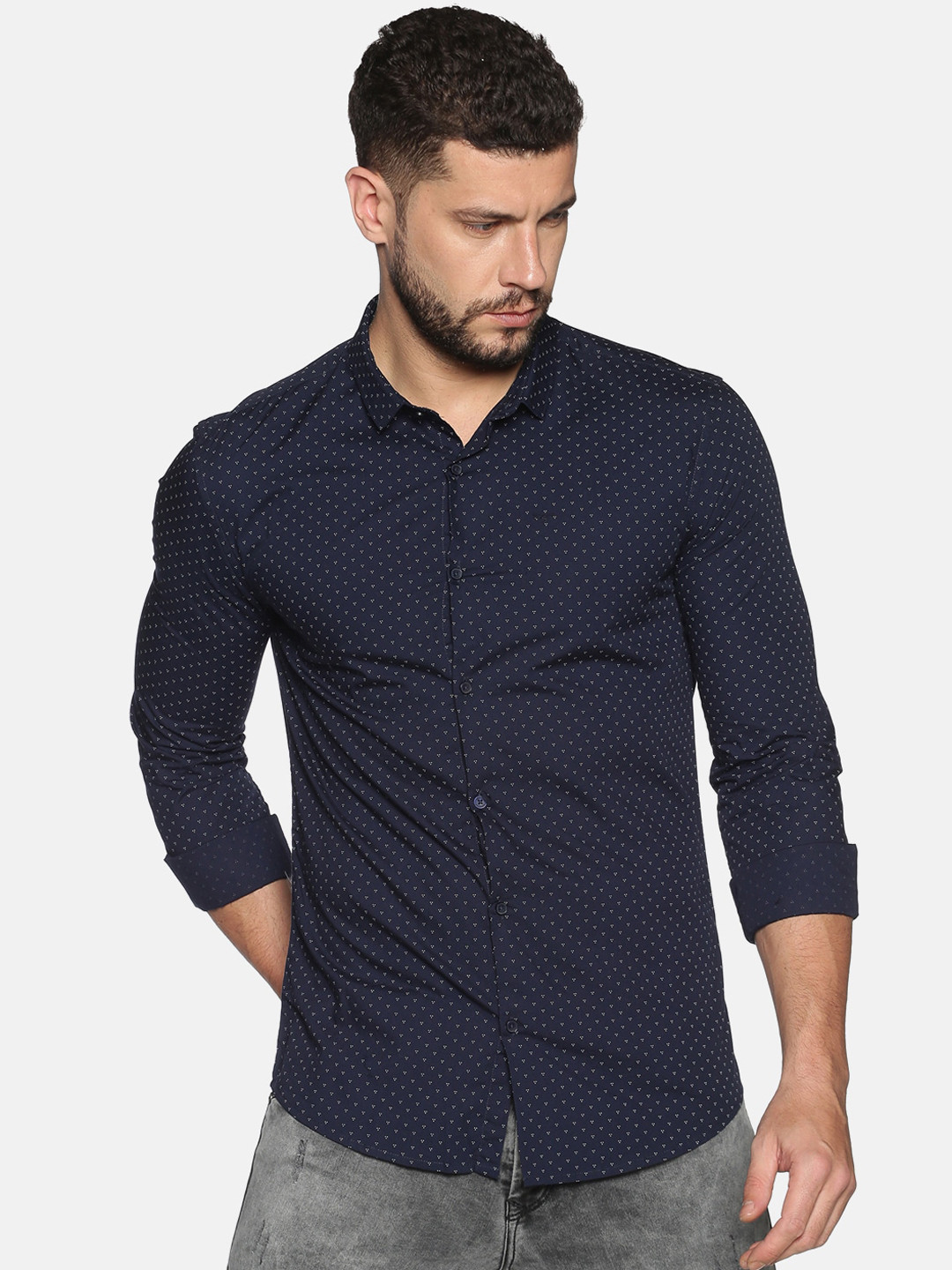 

SHOWOFF Men Navy Blue Slim Fit Printed Casual Shirt
