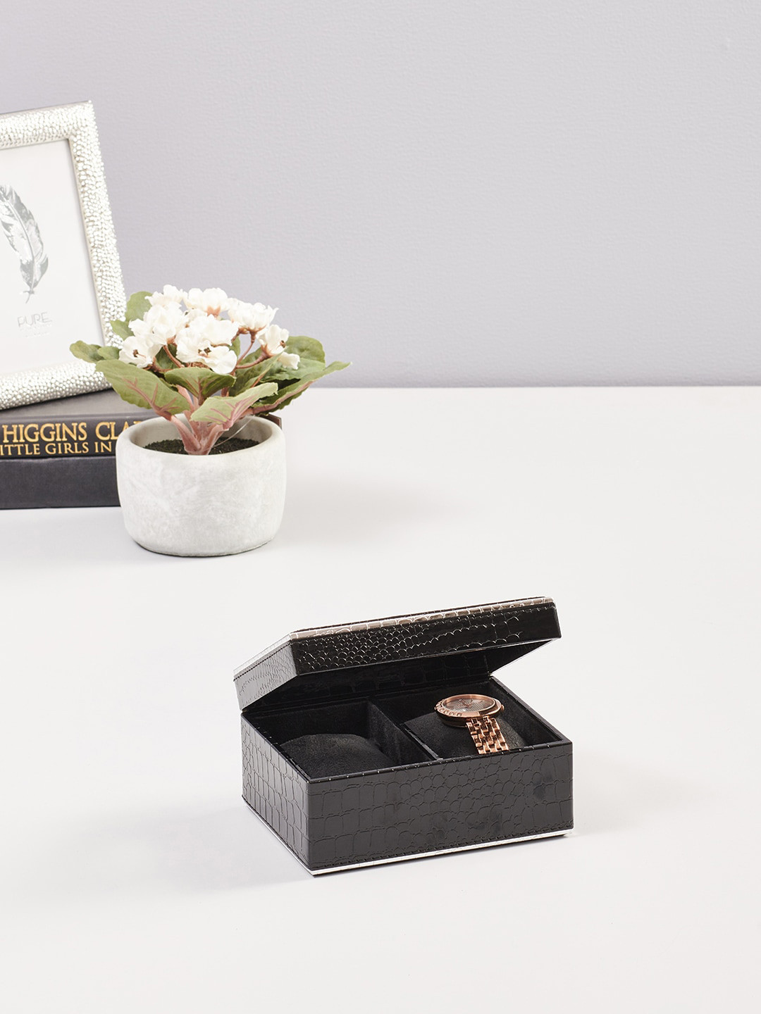 

Pure Home and Living Black & Silver-Coloured Croco Textured 2 Box Watch Organiser