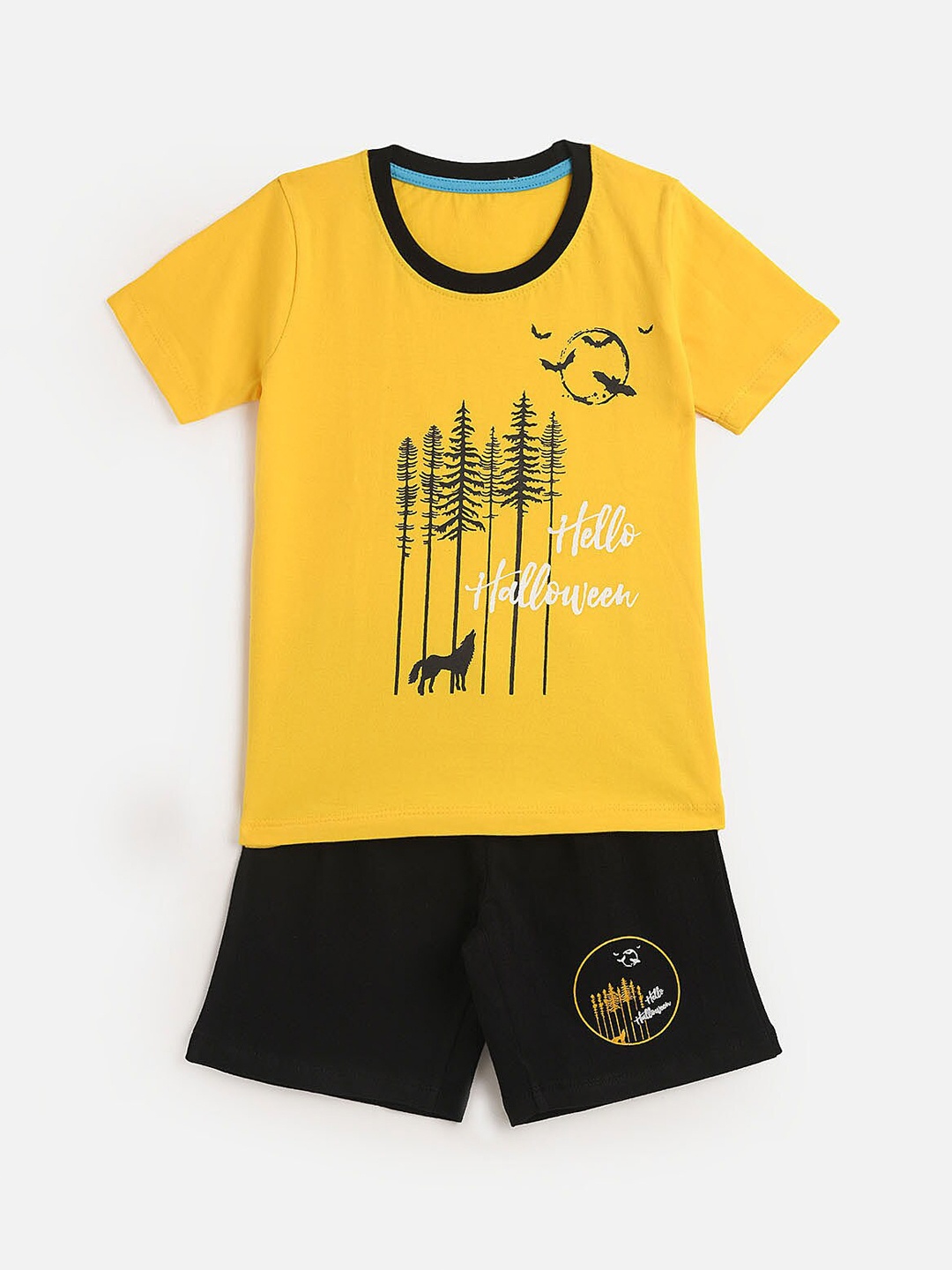 KIDSCRAFT Boys Yellow & Black Printed T-shirt with Shorts