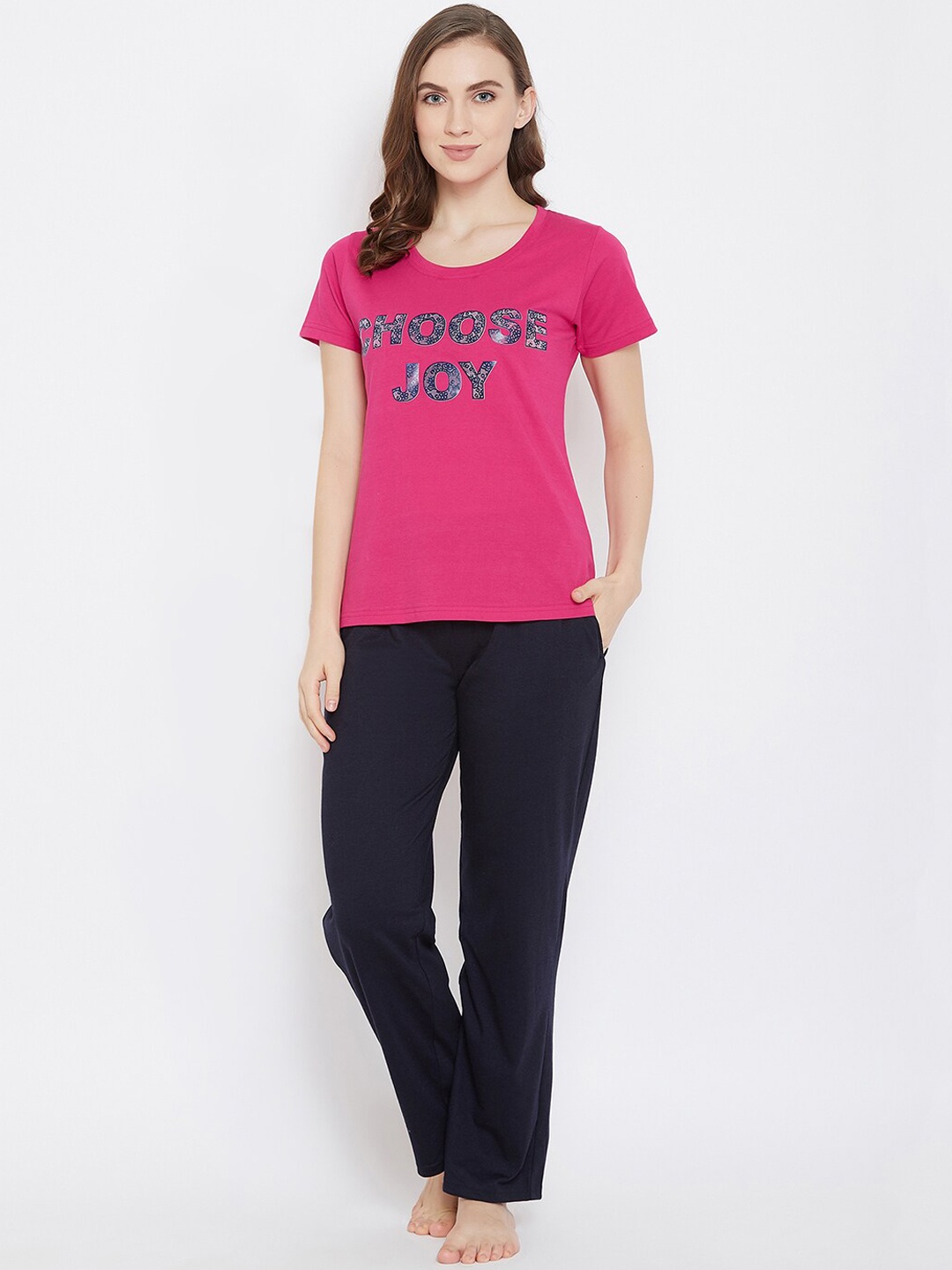 Clovia Women Pink & Navy Blue Printed Night Suit COMLS0180S