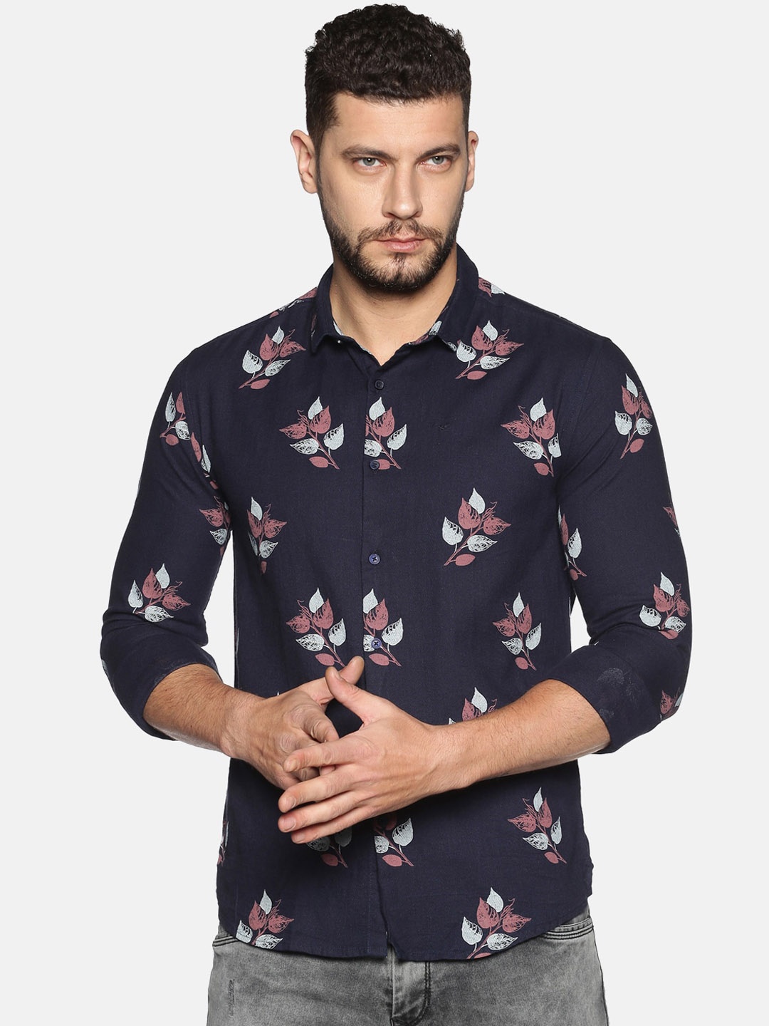 

SHOWOFF Men Navy Blue & White Slim Fit Printed Casual Shirt