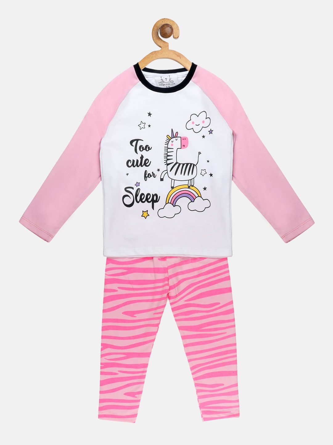 

Lazy Shark Girls White & Pink Printed Night suit