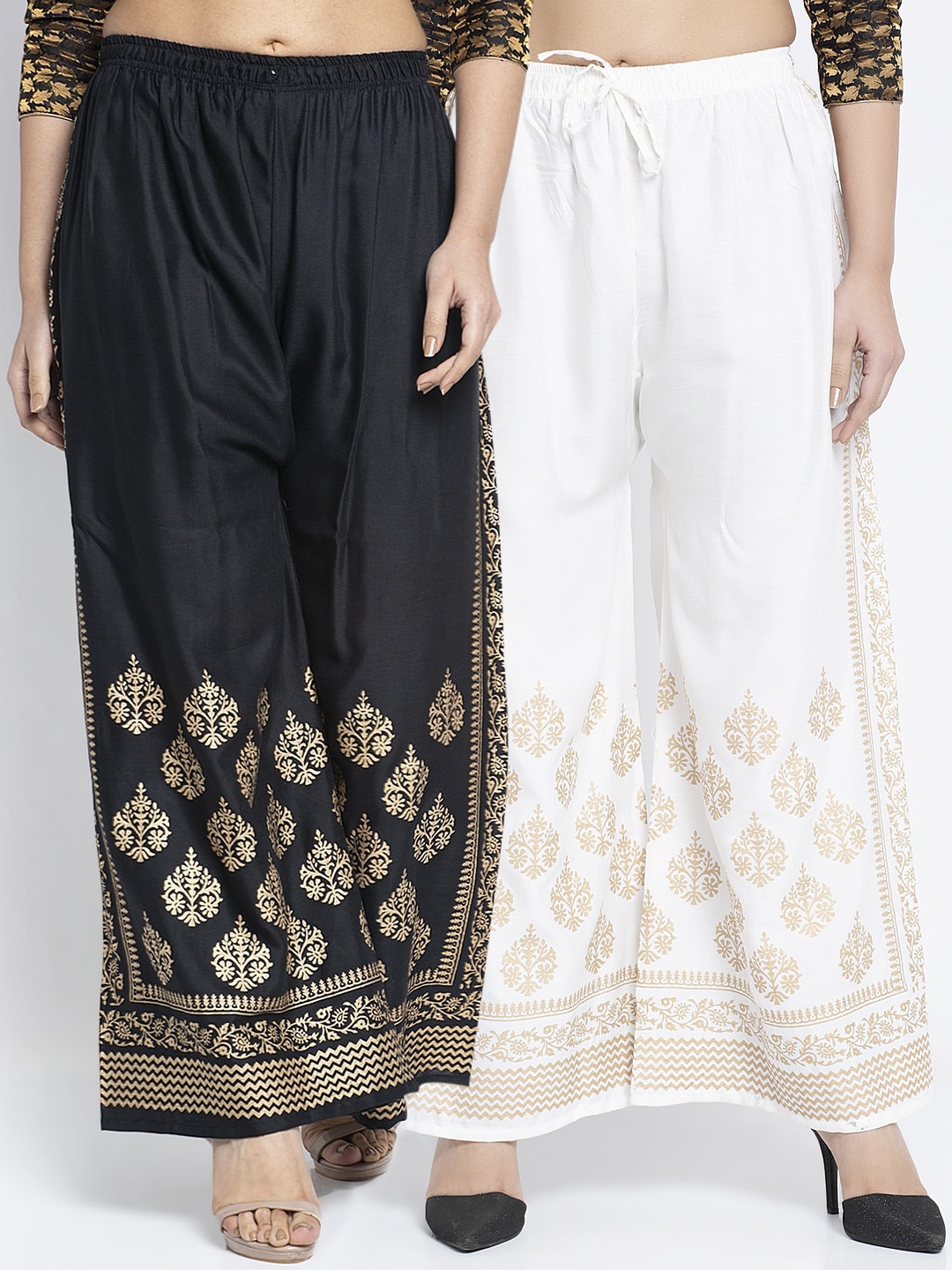 

GRACIT Women Pack Of 2 Printed Wide Leg Palazzos, Black