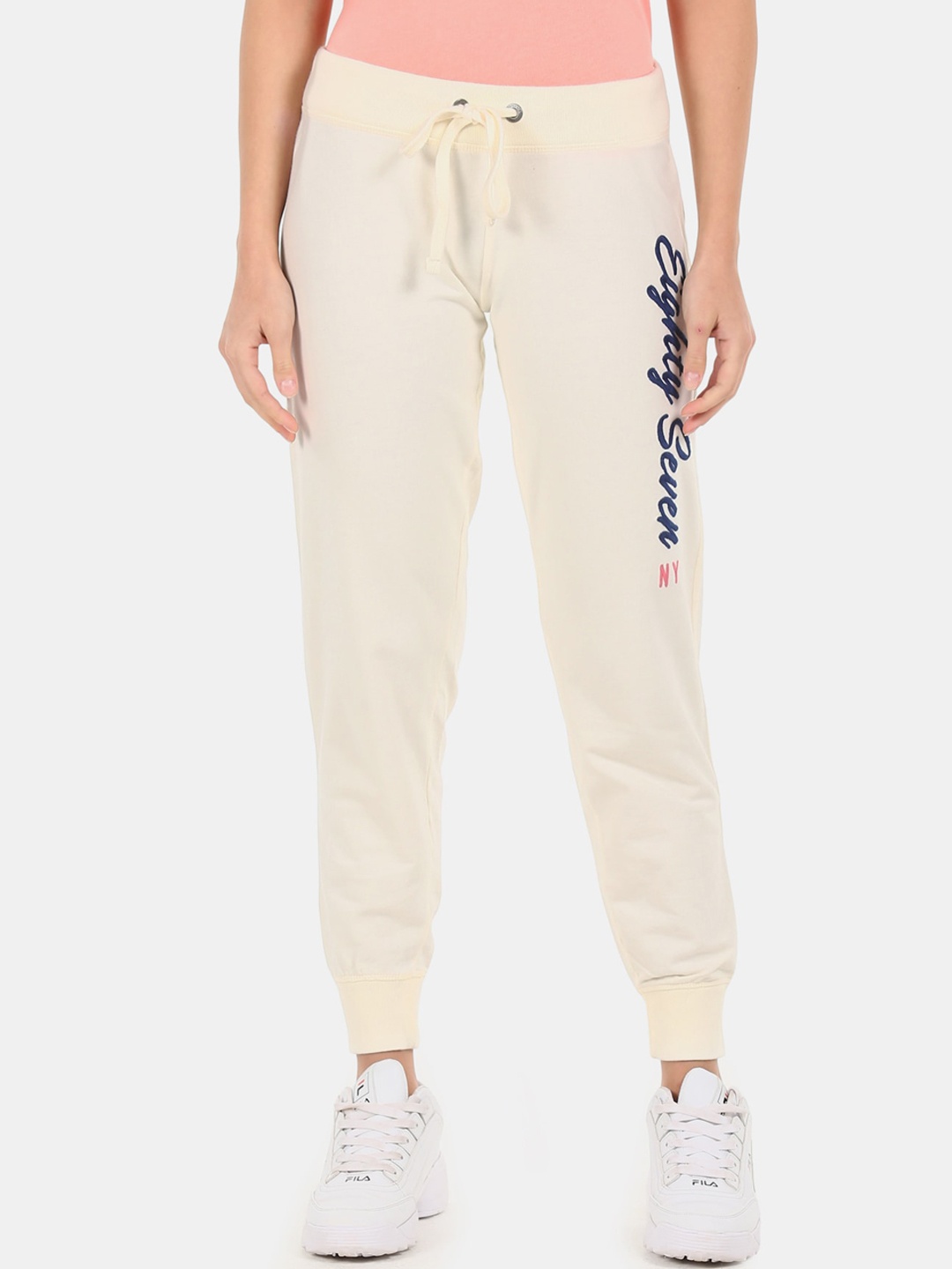

Aeropostale Women Cream-Colored & Blue Embroidered Straight-Fit Joggers