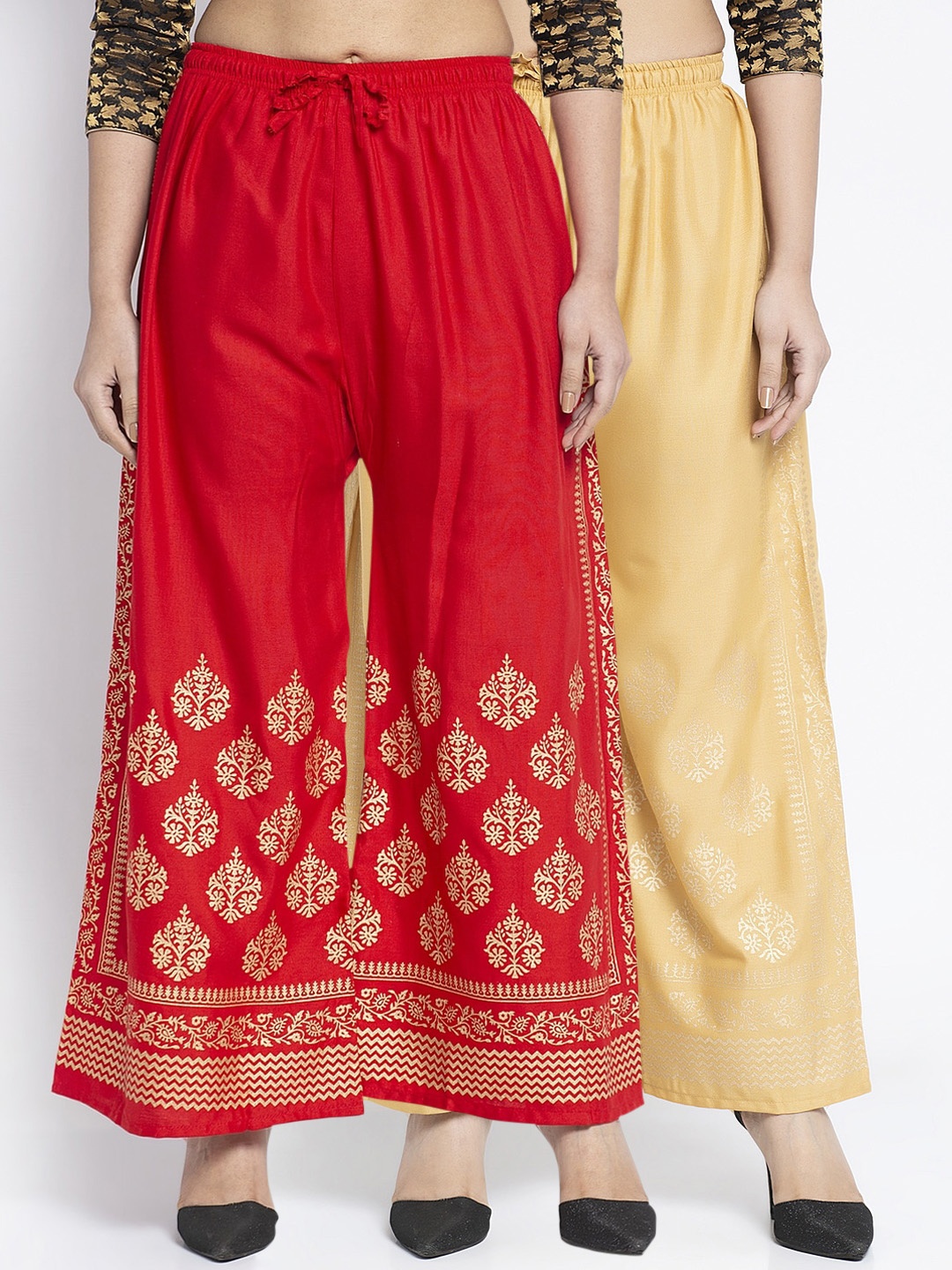 

GRACIT Women Pack of 2 Block Print Wide Leg Palazzos, Red