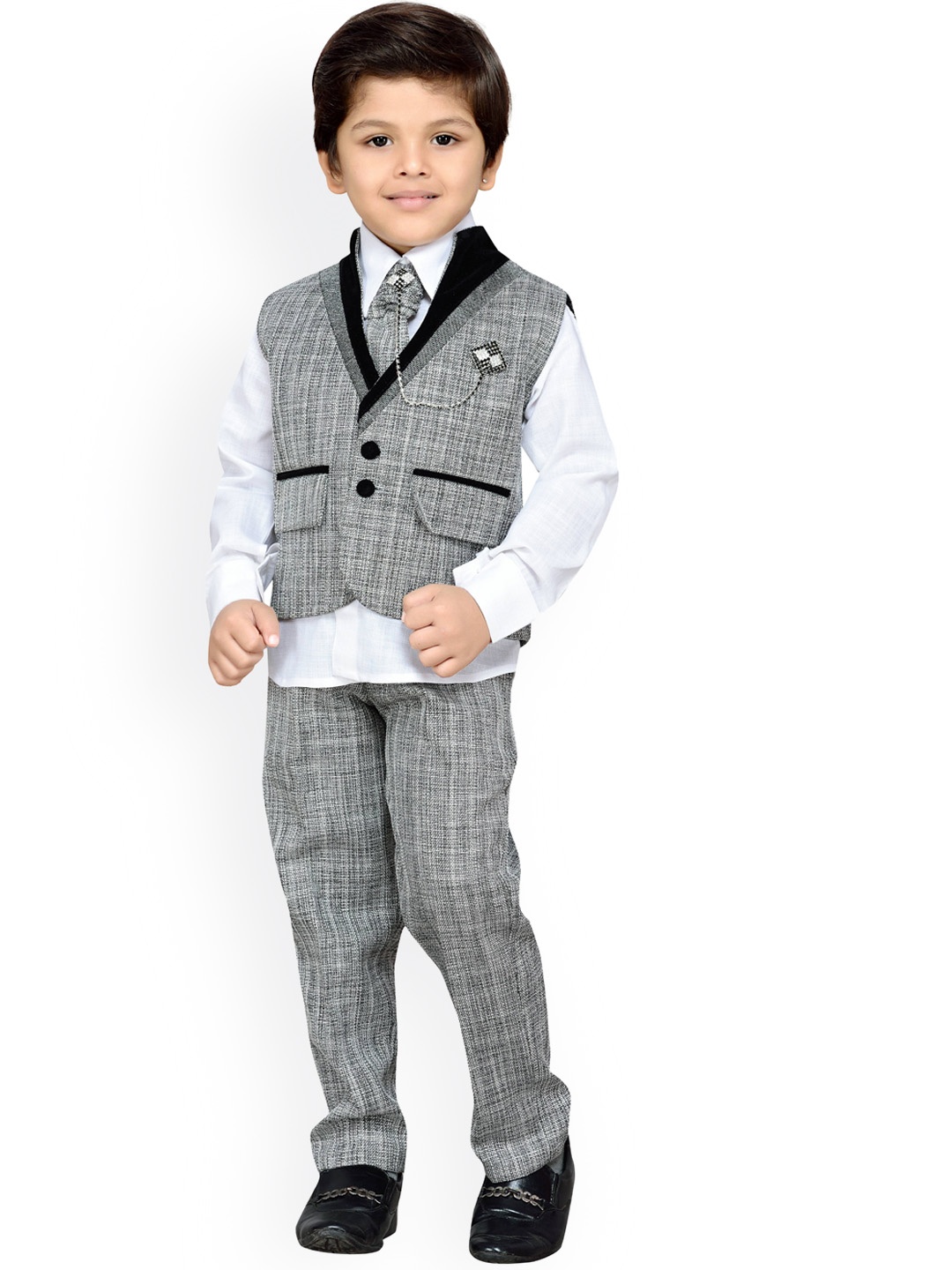 

Aj DEZInES Boys Grey & White Solid Shirt with Trousers