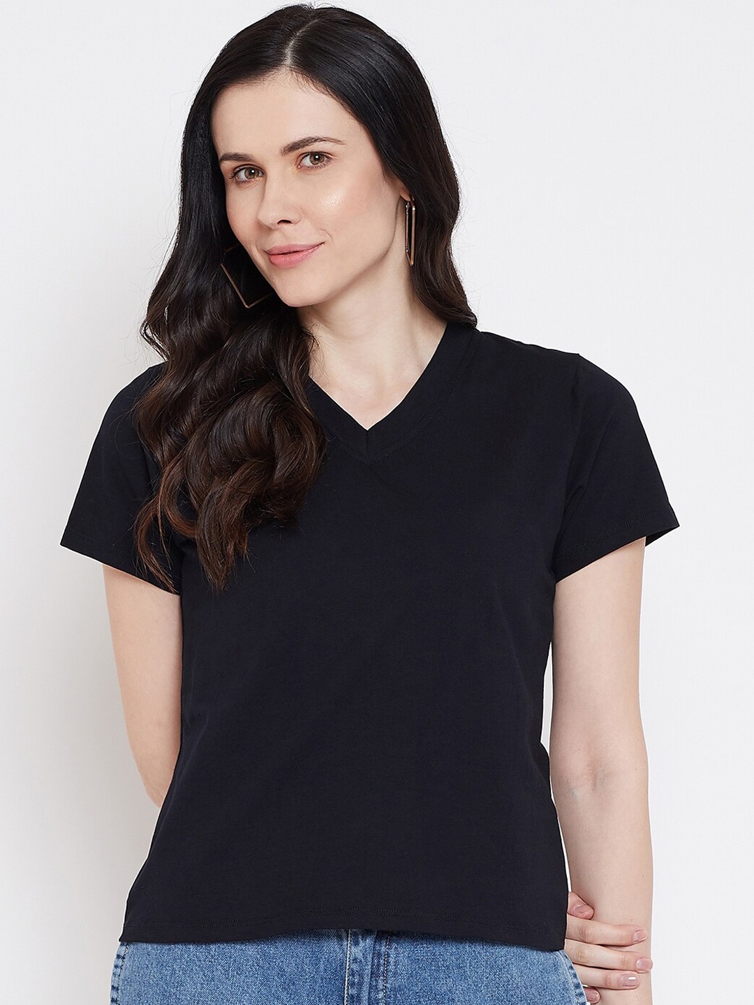 

Imfashini Women Navy Blue Solid V-Neck T-shirt