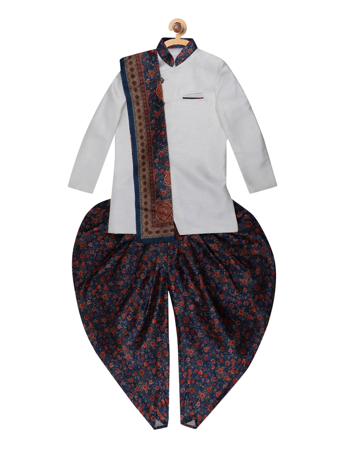 

Blue Giraffe Boys Off White Floral Kurta with Dhoti Pants & Dupatta