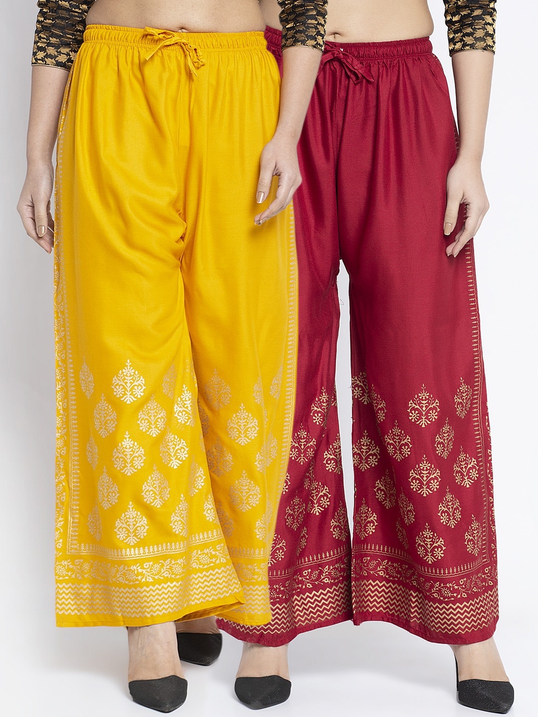 

GRACIT Women Pack Of 2 Yellow & Maroon Printed Wide Leg Palazzos