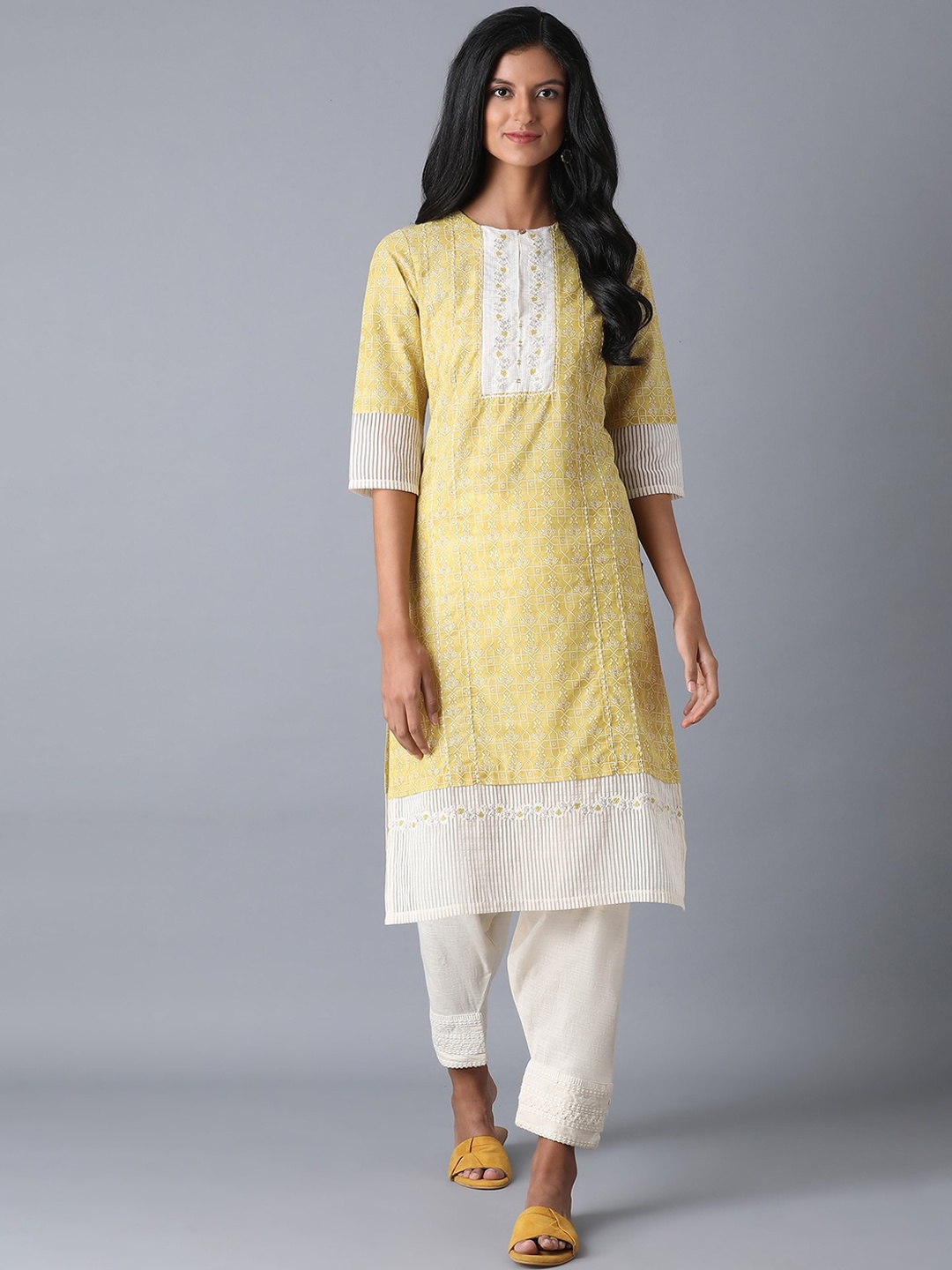 

W Women Yellow Floral Yoke Design Chikankari Kurta