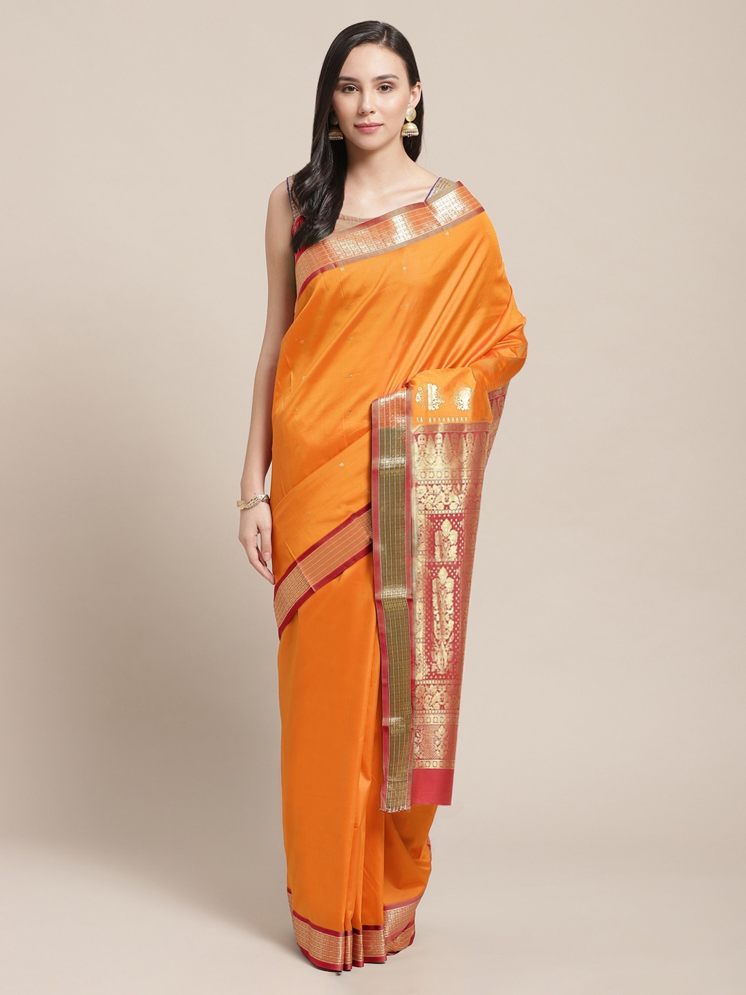 

Chhabra 555 Orange Poly Silk Solid Narayan Peth Saree