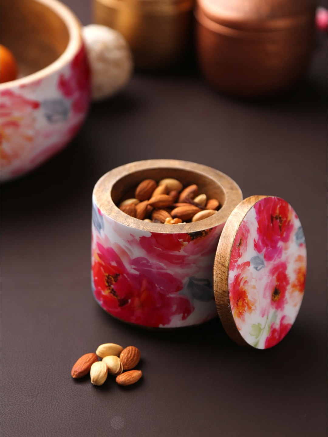 

Amoliconcepts White & Pink Floral Patterned Wooden Jar