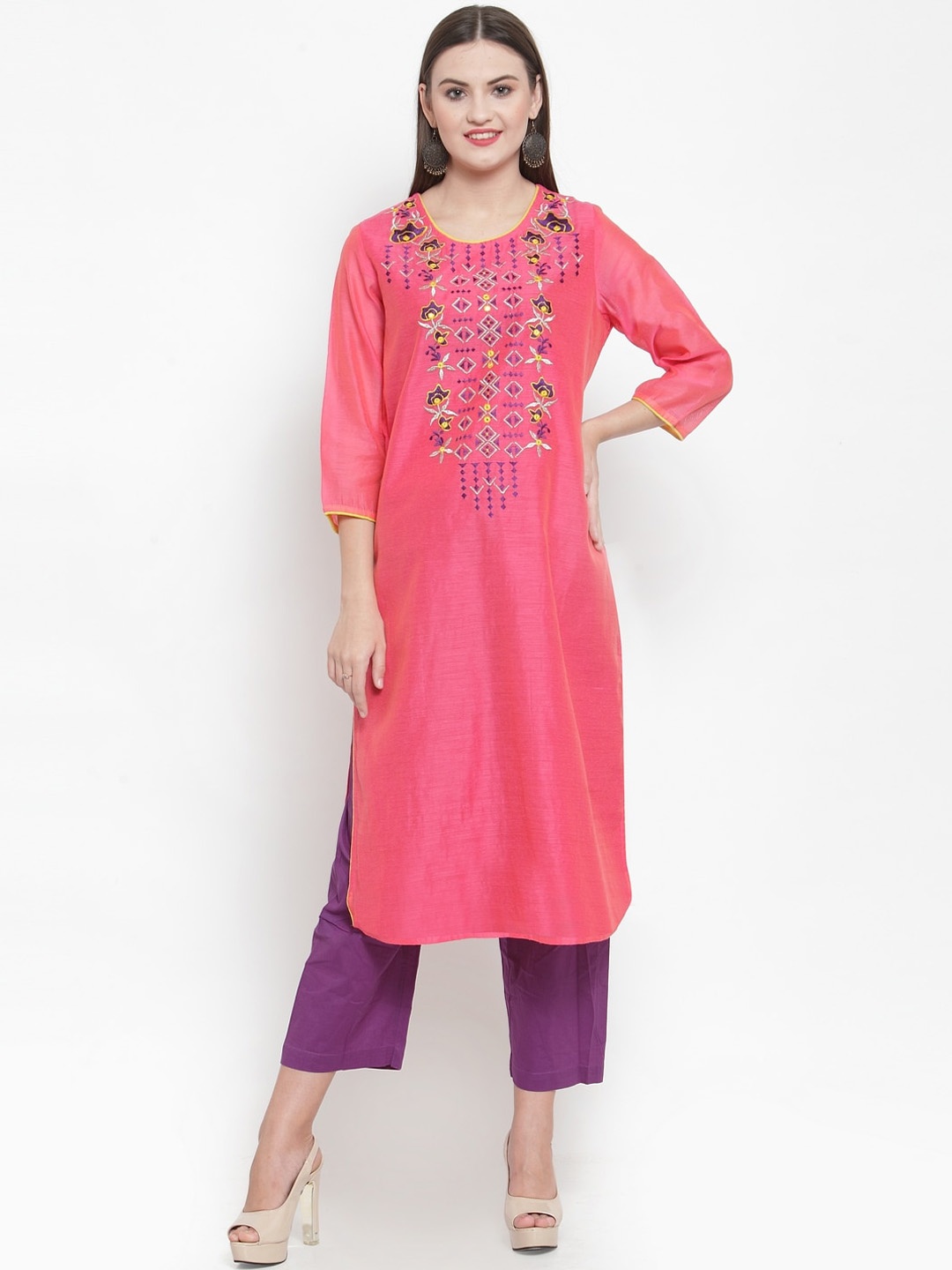 WESTCLO Women Pink Floral Yoke Design Thread Work Kurta