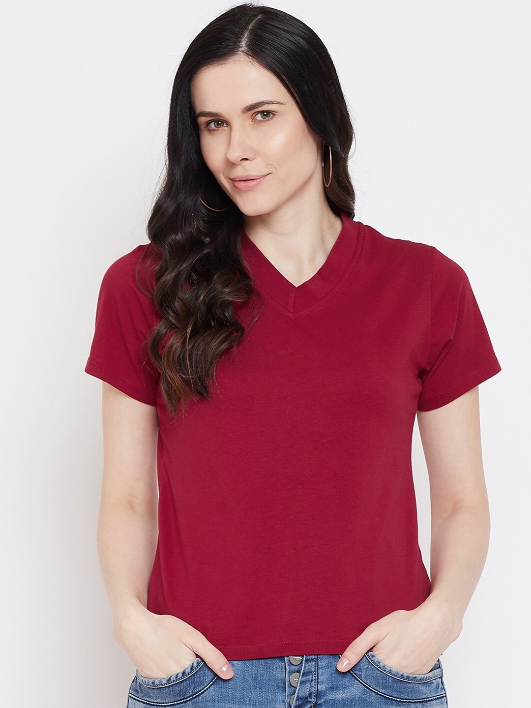 

Imfashini Women Maroon Solid V-Neck T-shirt
