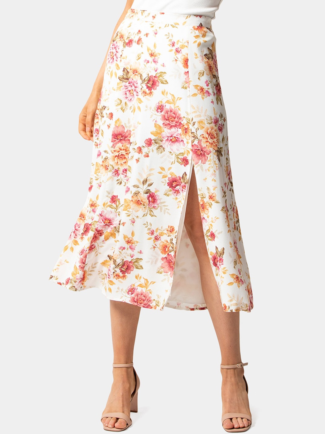 

Forever New White & Pink Printed A-Line Midi Skirt