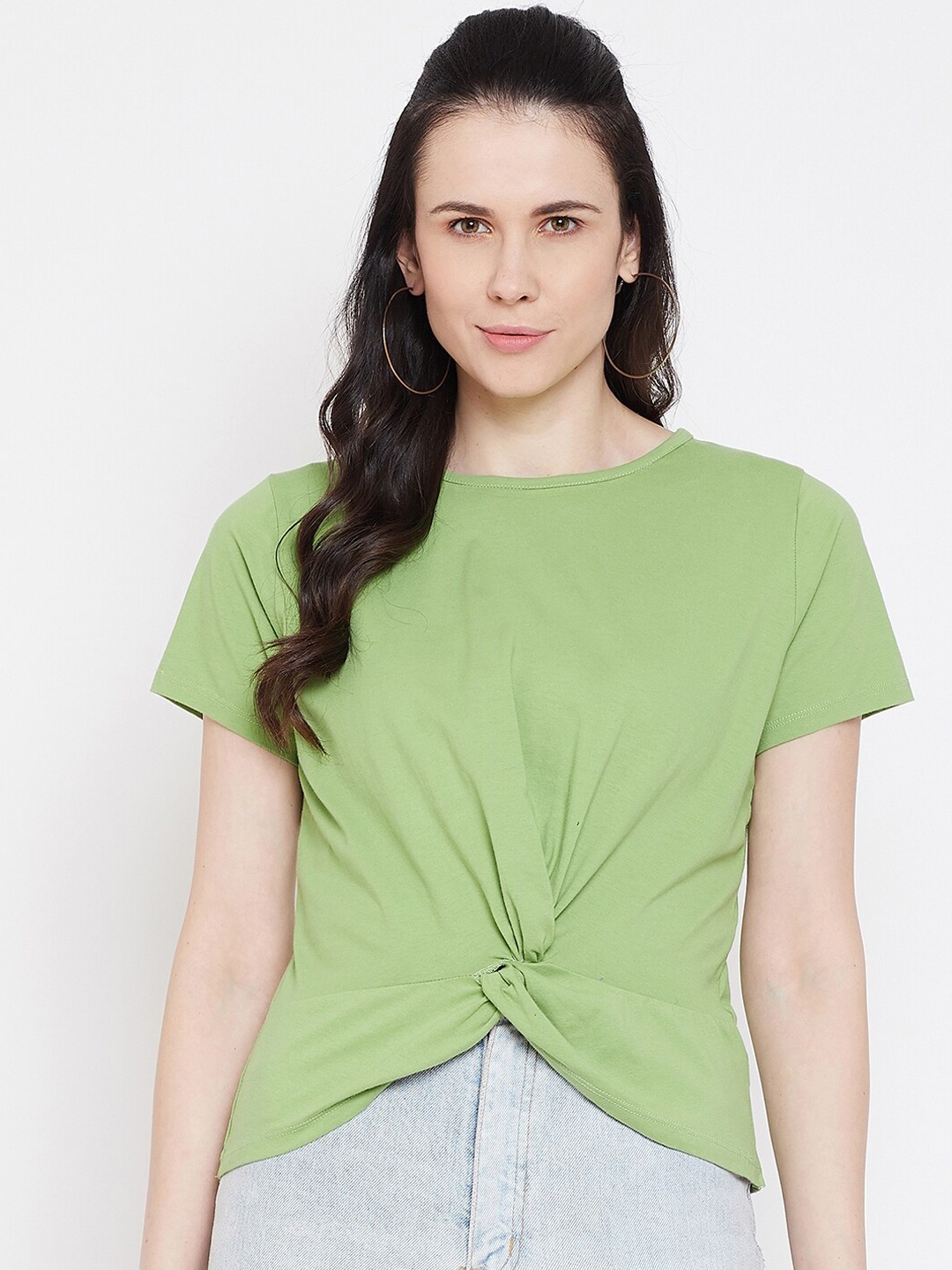 

Imfashini Women Green Solid Round Neck Front Twisted Crop T-shirt