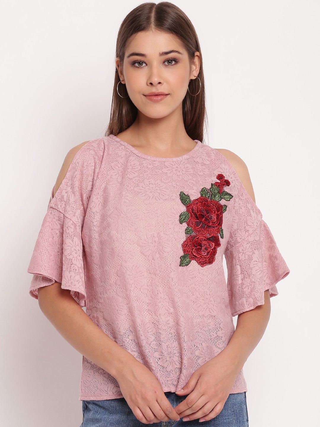 

AKIMIA Pink Floral Cold-Shoulder Sleeves Lace Top