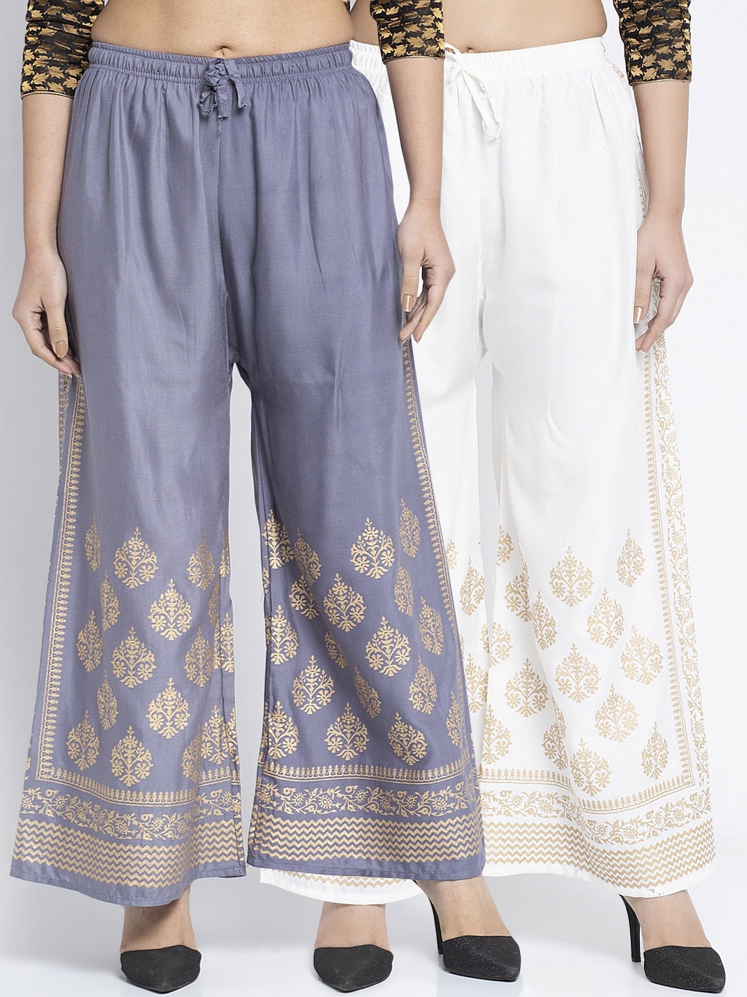 

GRACIT Women Pack of 2 Block Print Wide Leg Palazzos, Grey
