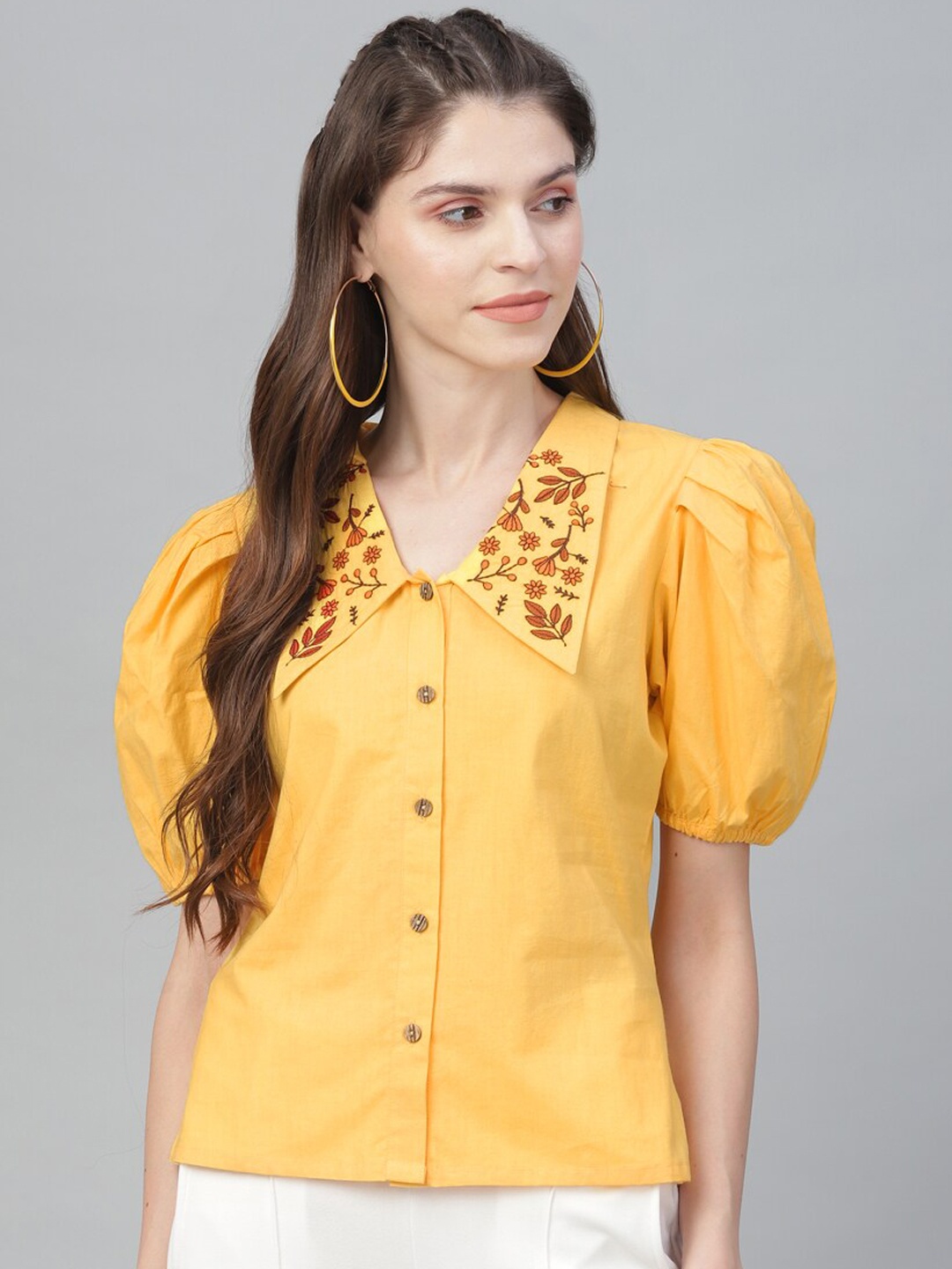 

Athena Women Yellow Puff Sleeves Shirt Style Top