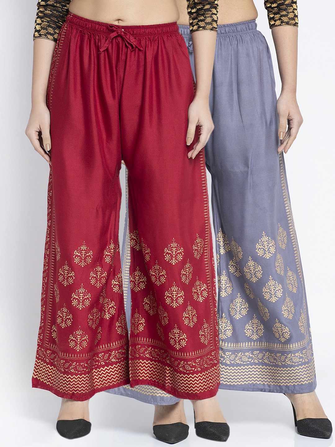 

GRACIT Women Pack Of 2 Grey & Maroon Printed Wide Leg Palazzos
