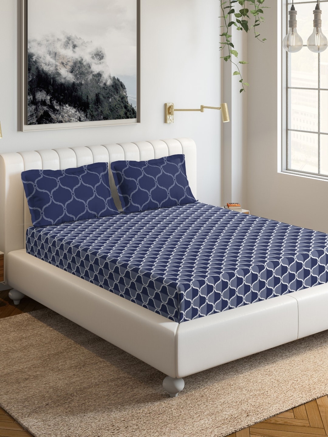 

DDecor Navy Blue Geometric 144 TC Cotton 1 Extra Large Bedsheet with 2 Pillow Covers