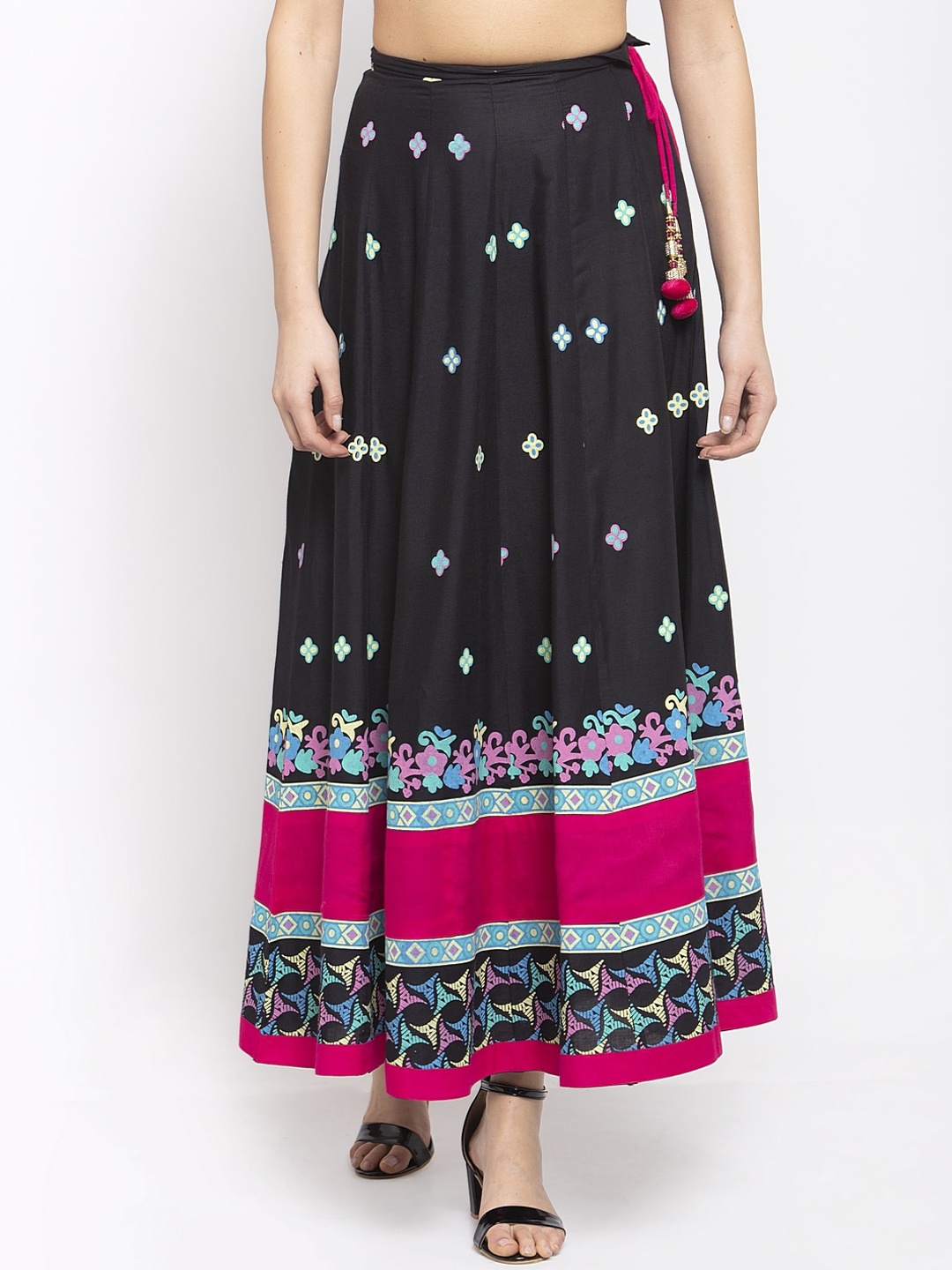 

Karmic Vision Women Black & Pink Ethnic Printed Flared Maxi Skirt