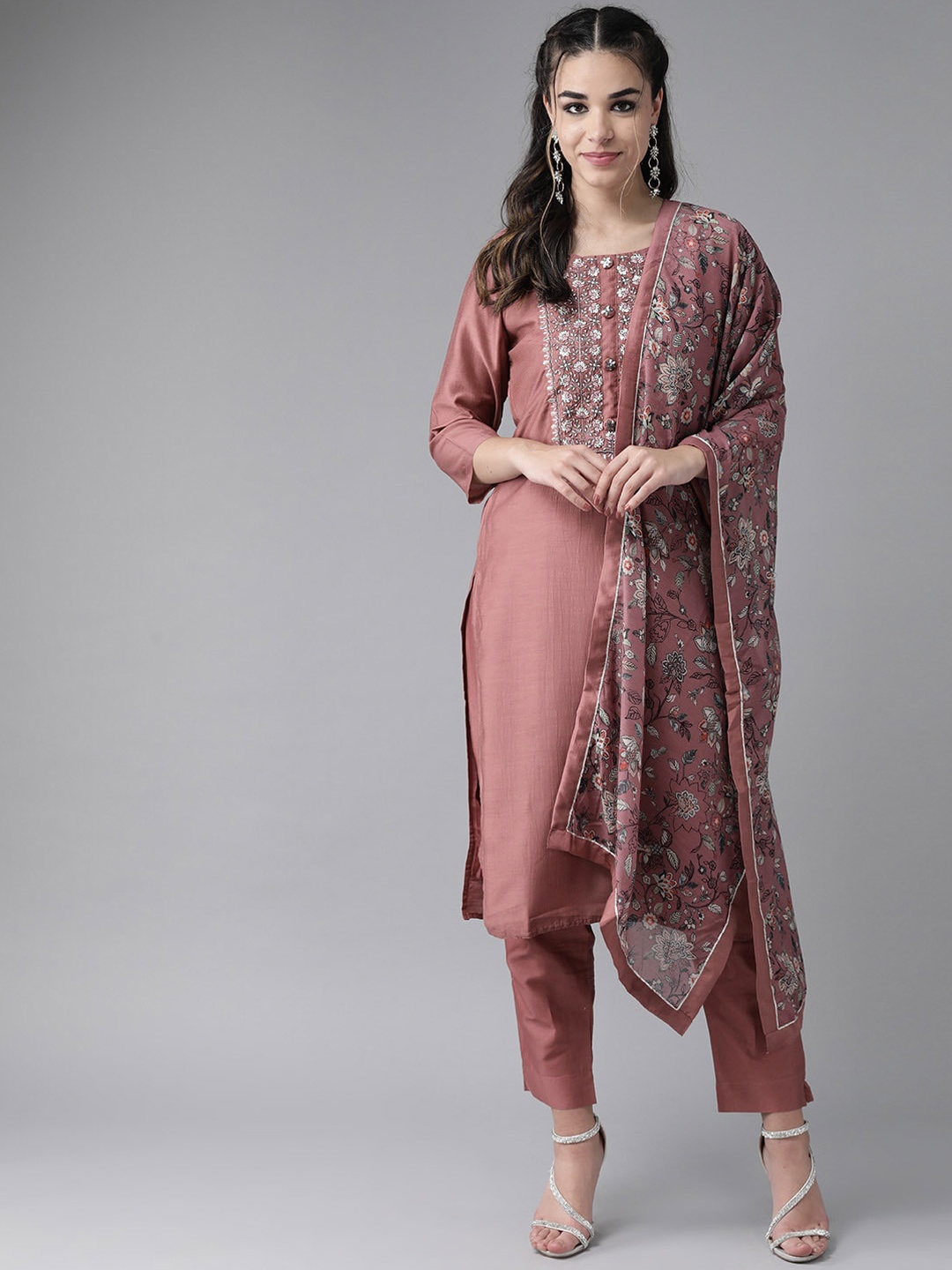 

Ishin Women Mauve Floral Yoke Design Thread Work Kurta With Dupatta
