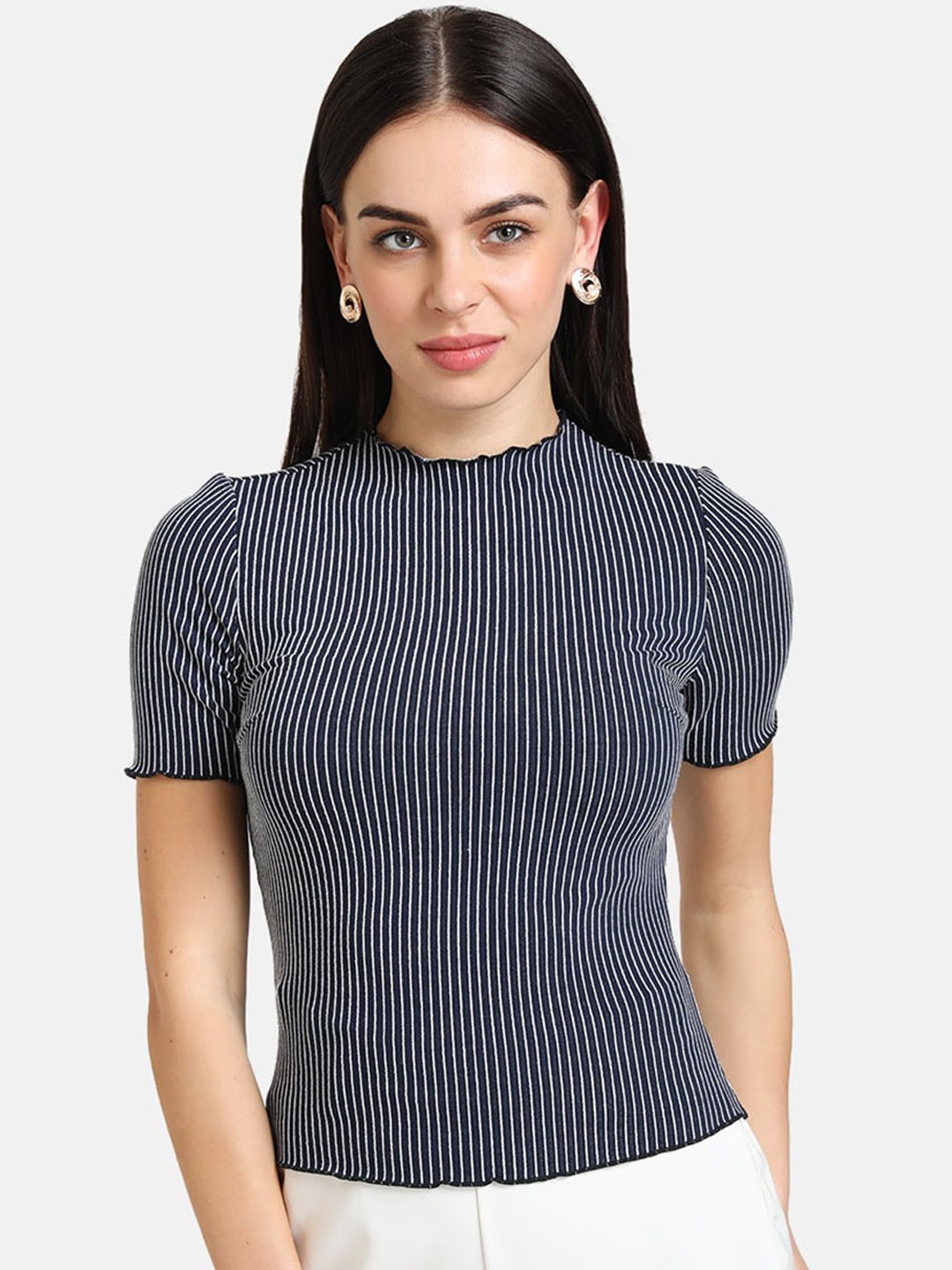 

Kazo Women Blue Striped High Neck T-shirt