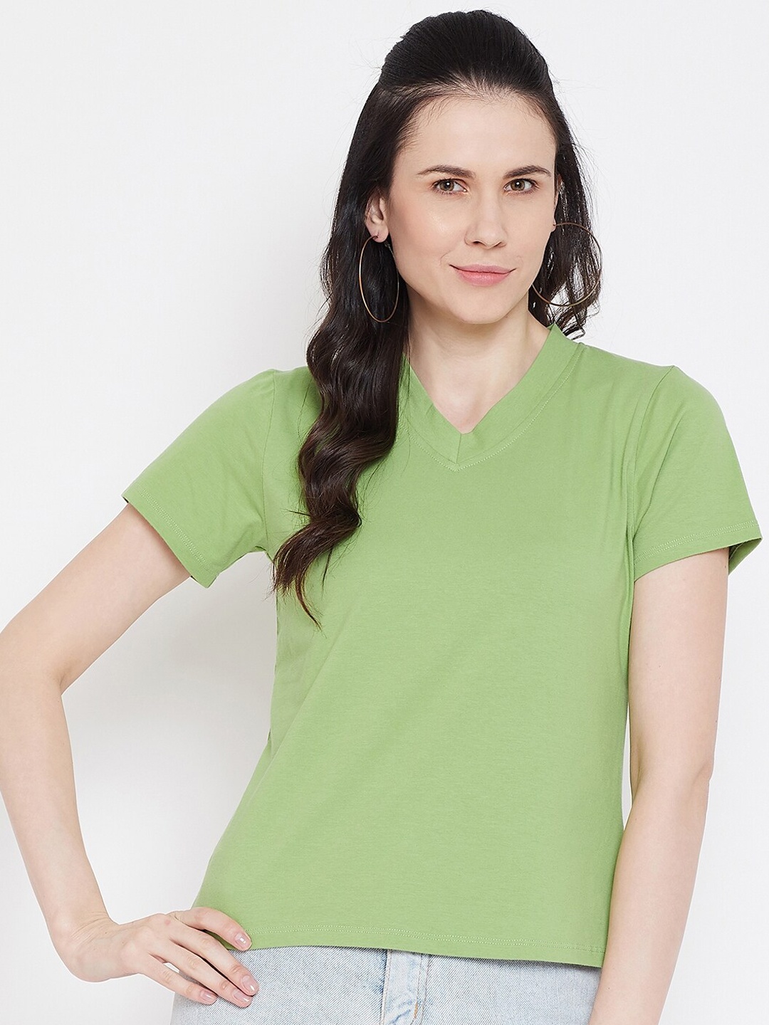

Imfashini Women Sea Green Solid V-Neck T-shirt
