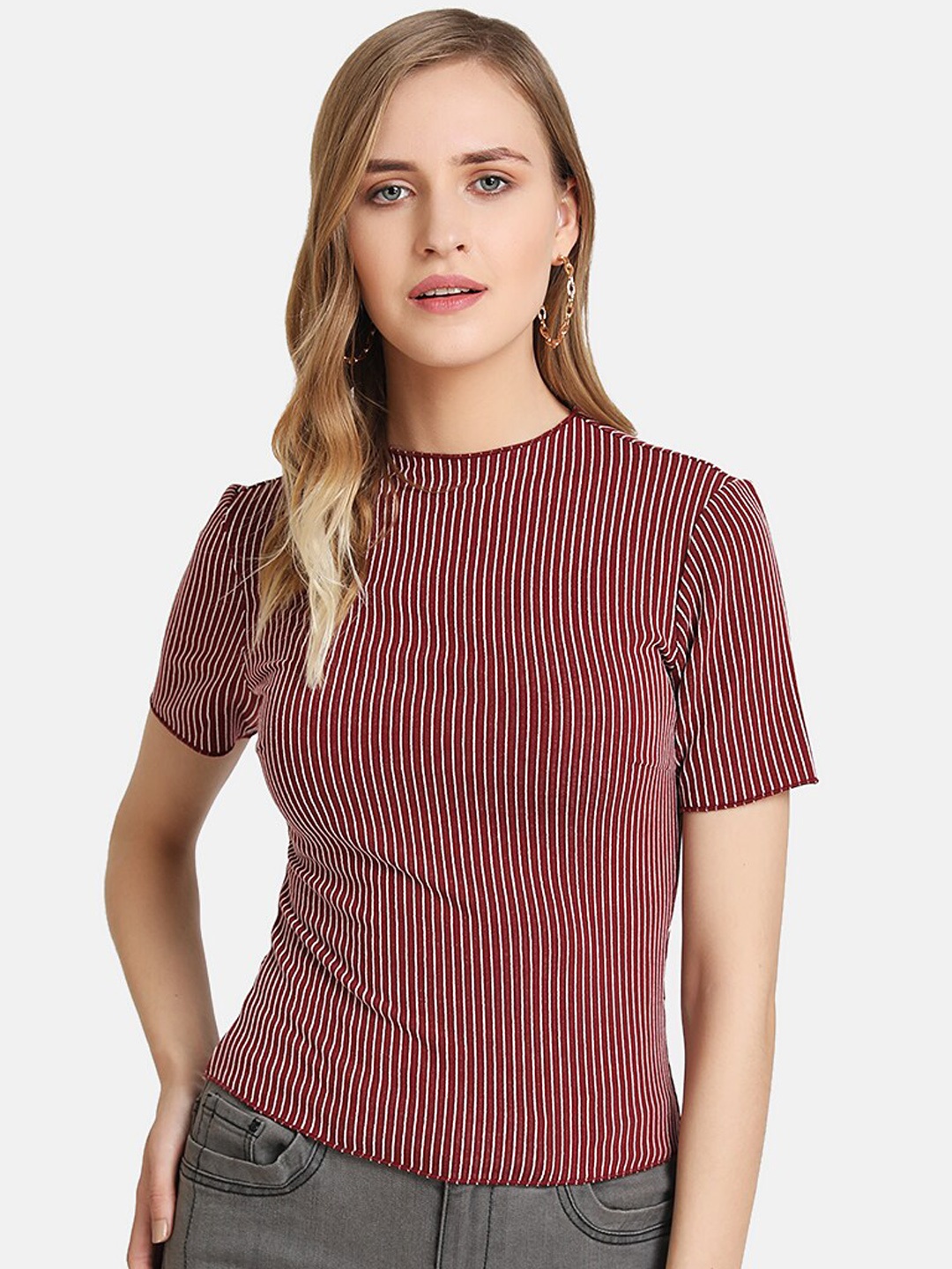 

Kazo Women Maroon & White Striped Round Neck T-shirt