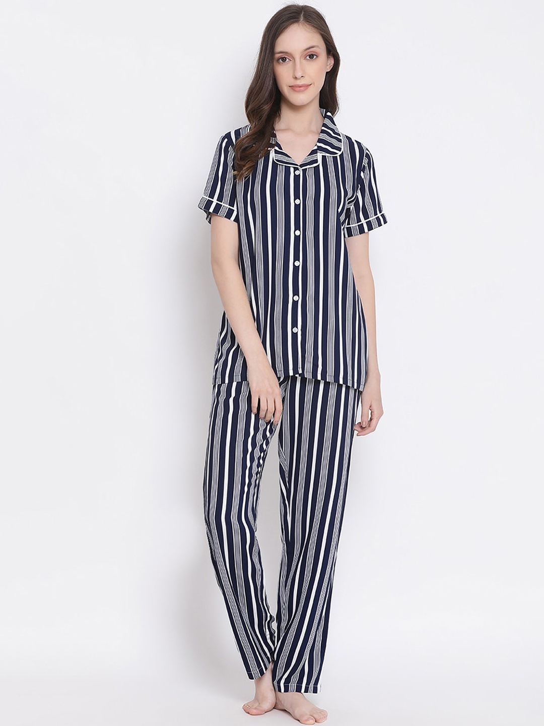 Kanvin Women Navy Blue & White Striped Night suit