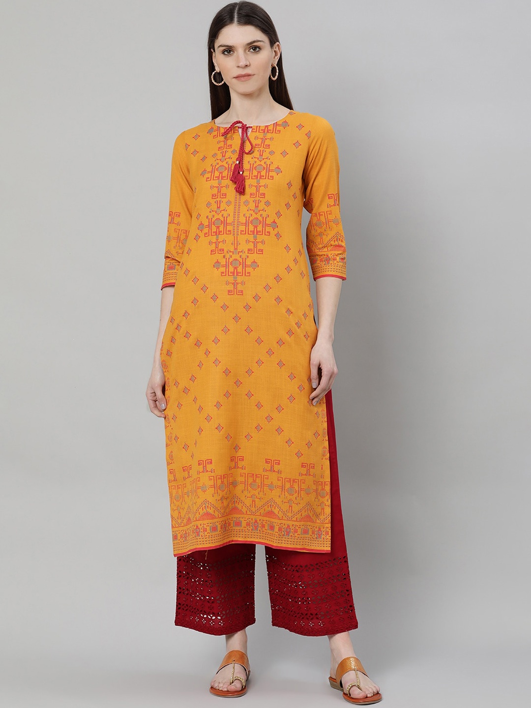 Gerua By Libas Women Yellow Ethnic Motifs Printed Keyhole Neck Kurta