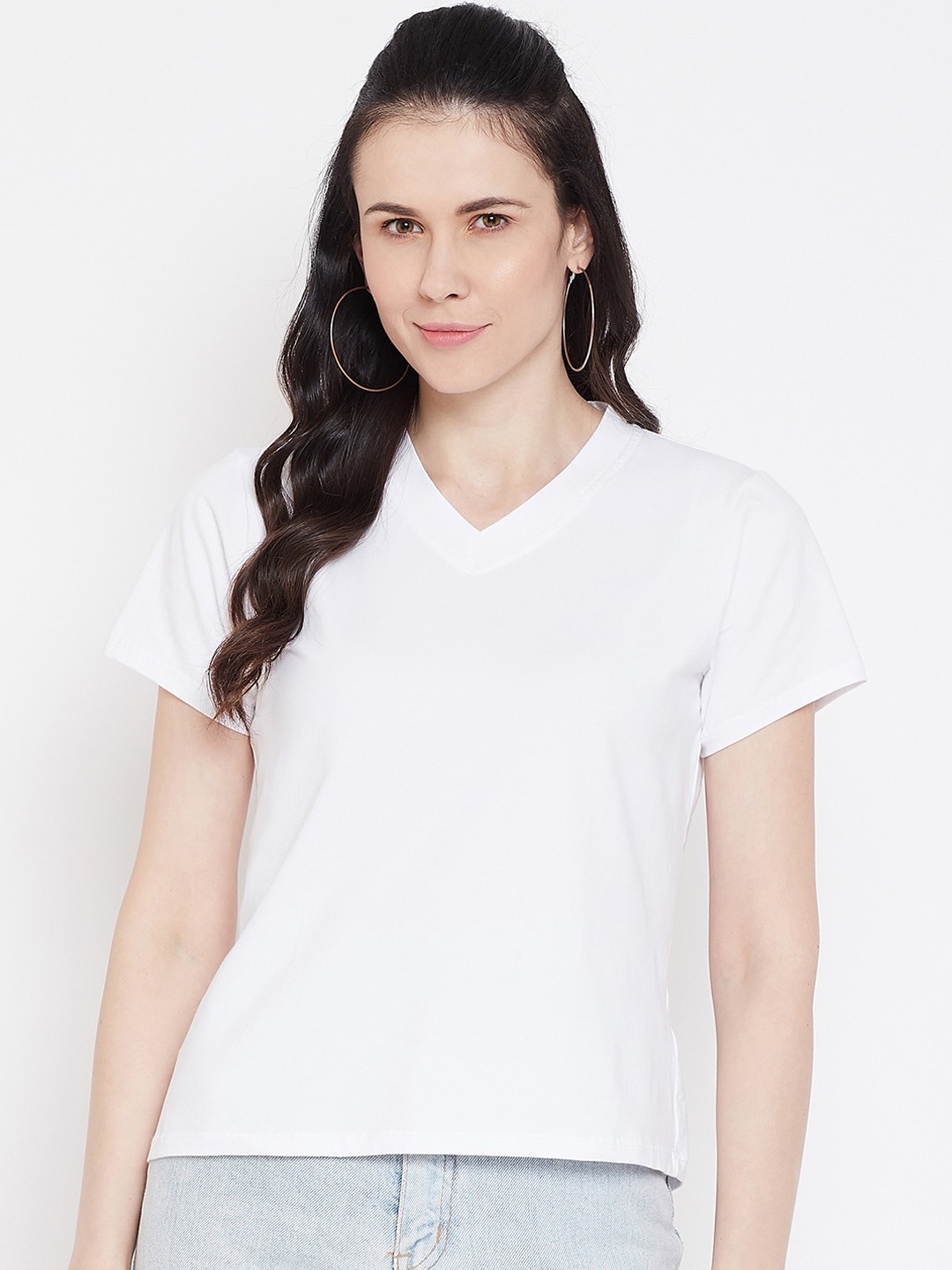 

Imfashini Women White Solid V-Neck T-shirt