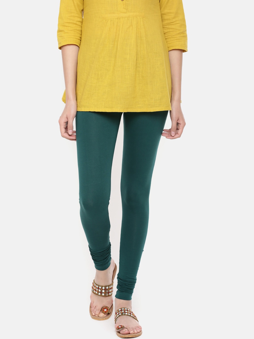 De Moza Women Green Solid Churidar-Length Leggings