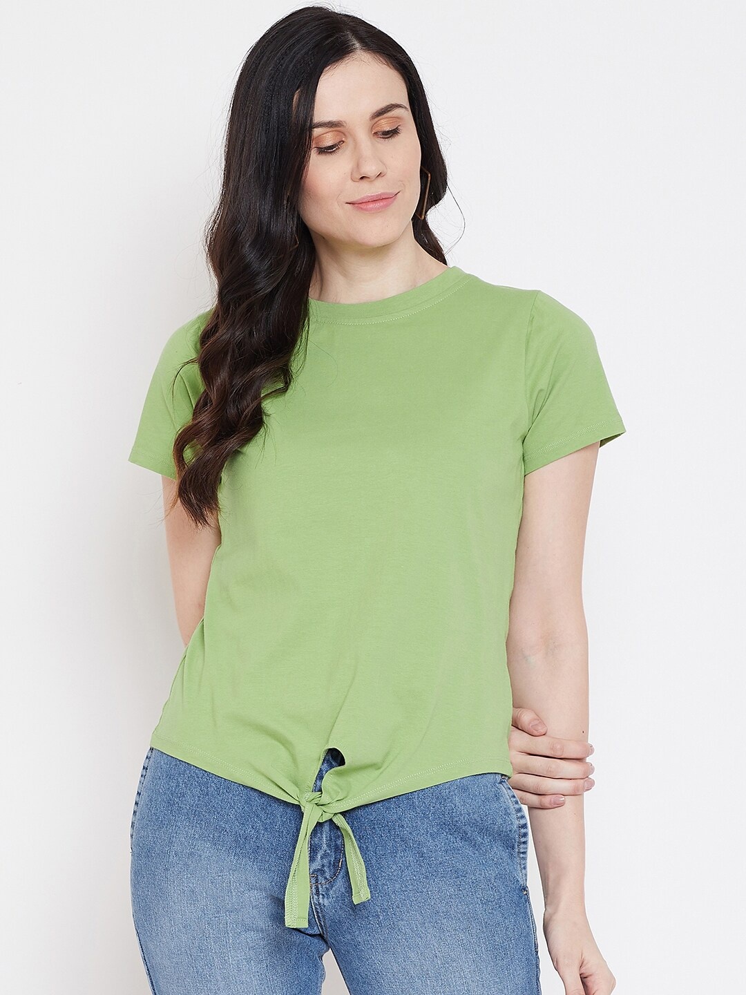 

Imfashini Women Green Solid Round Neck T-shirt