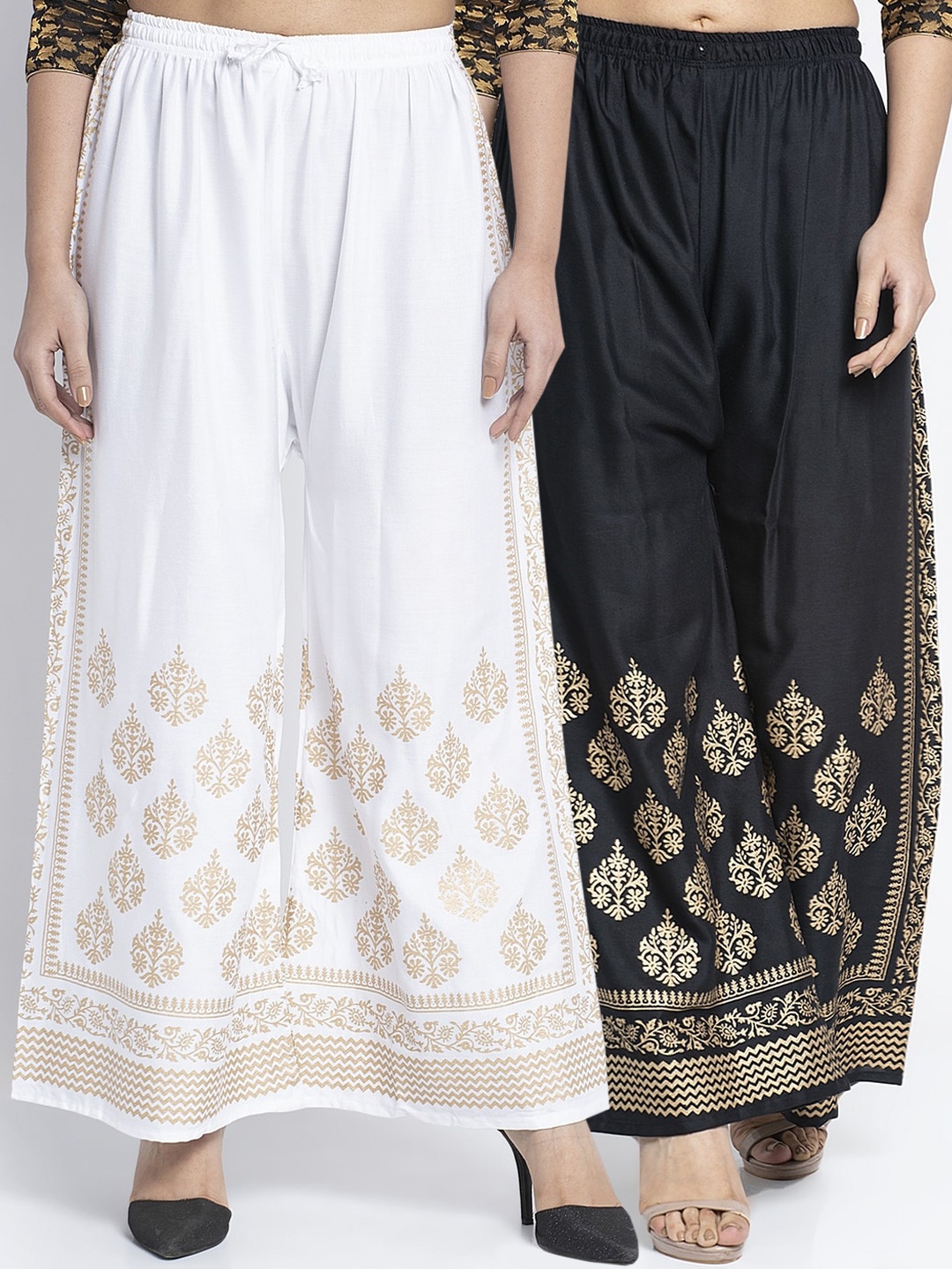 

GRACIT Women Pack Of 2 Printed Wide Leg Palazzos, Black
