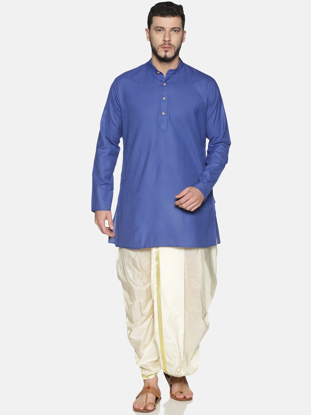 

TATTVA Men Blue & Cream-Coloured Solid Kurta with Dhoti Pants