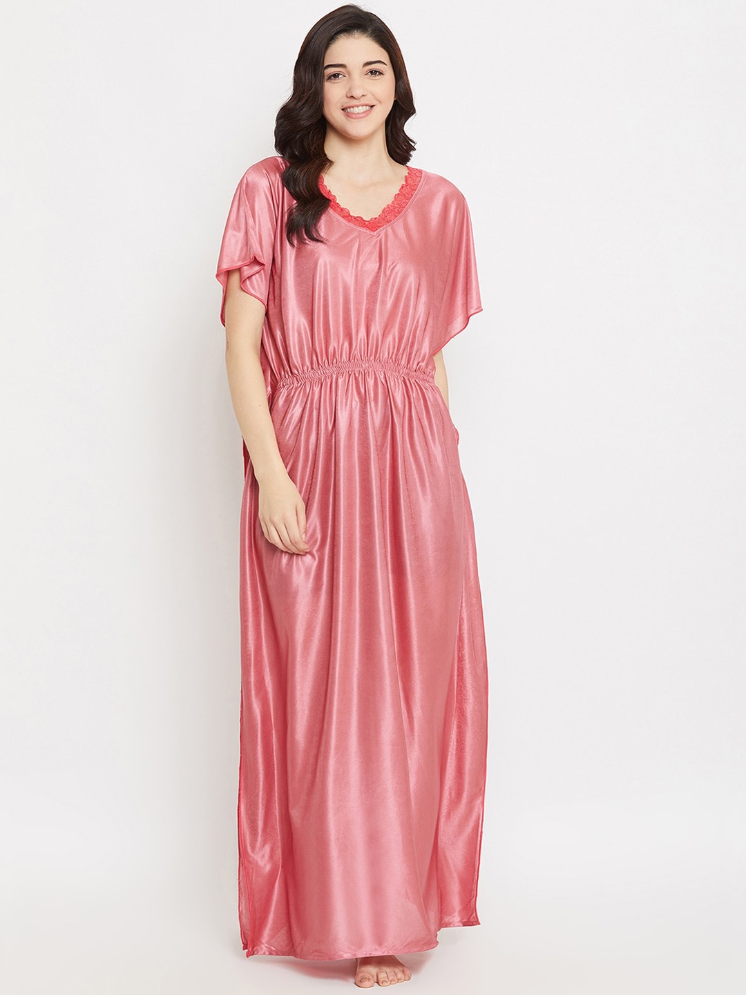 

Clovia Pink Solid Kaftan Style Long Night Dress