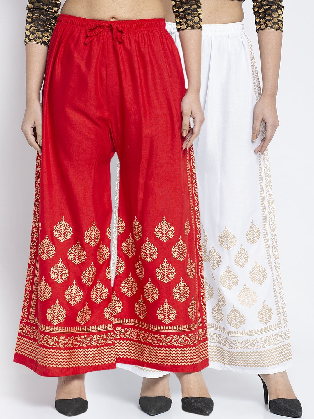 

GRACIT Women Pack of 2 White & Red Hem Design Wide Leg Palazzos