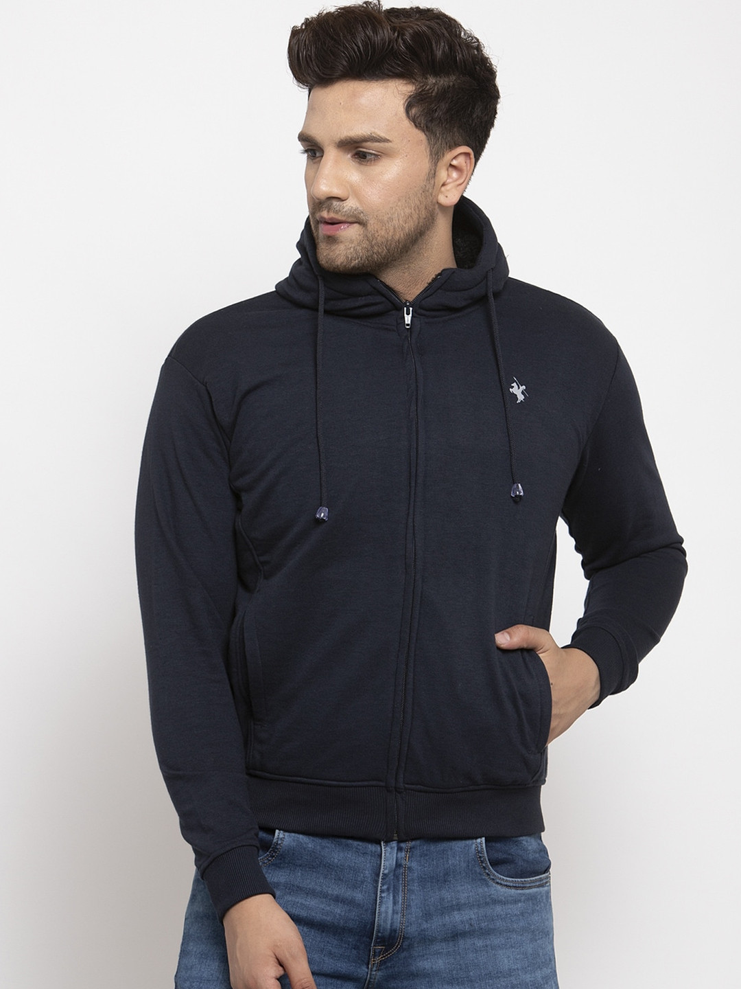 

Cantabil Men Navy Blue Solid Hooded Sweatshirt